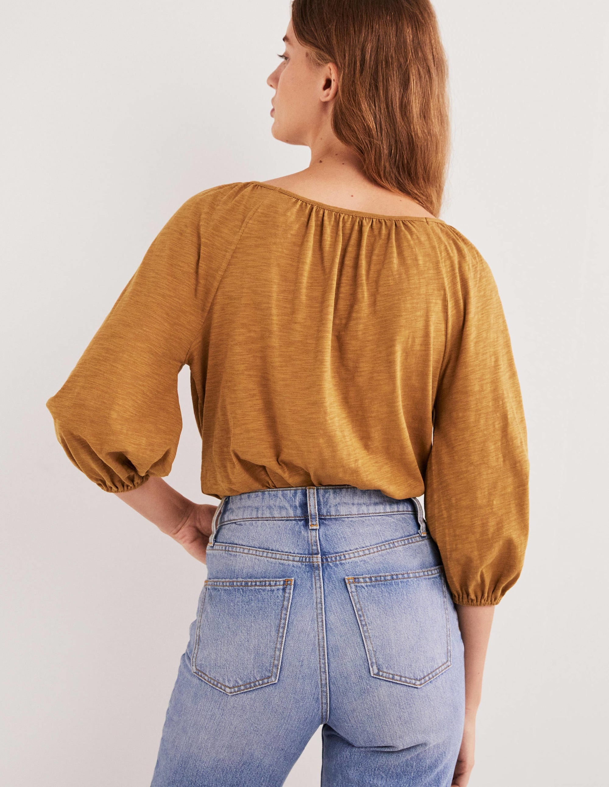 Top en coton blousant-Marron caramel - Image 3