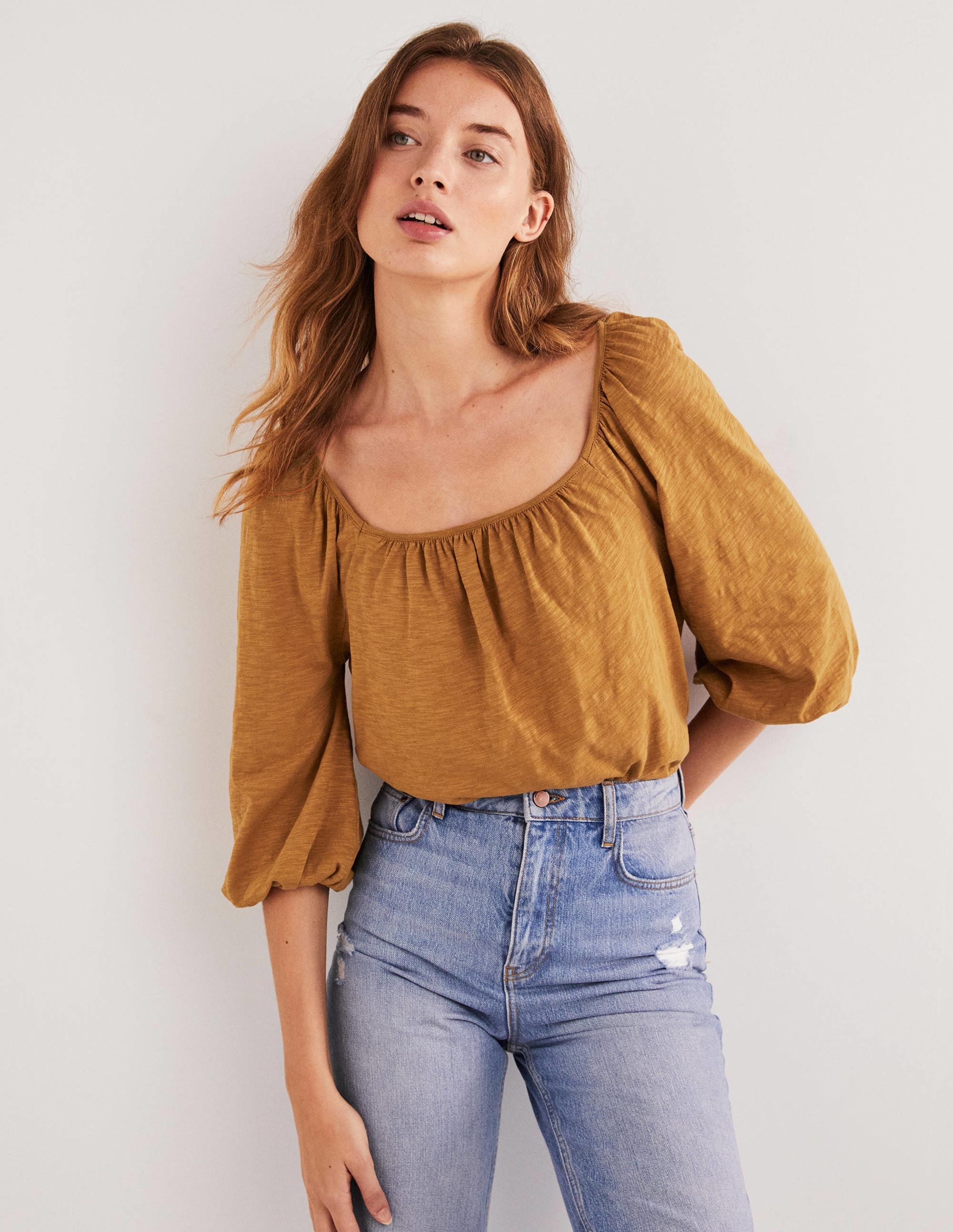 Top en coton blousant-Marron caramel - Image 4