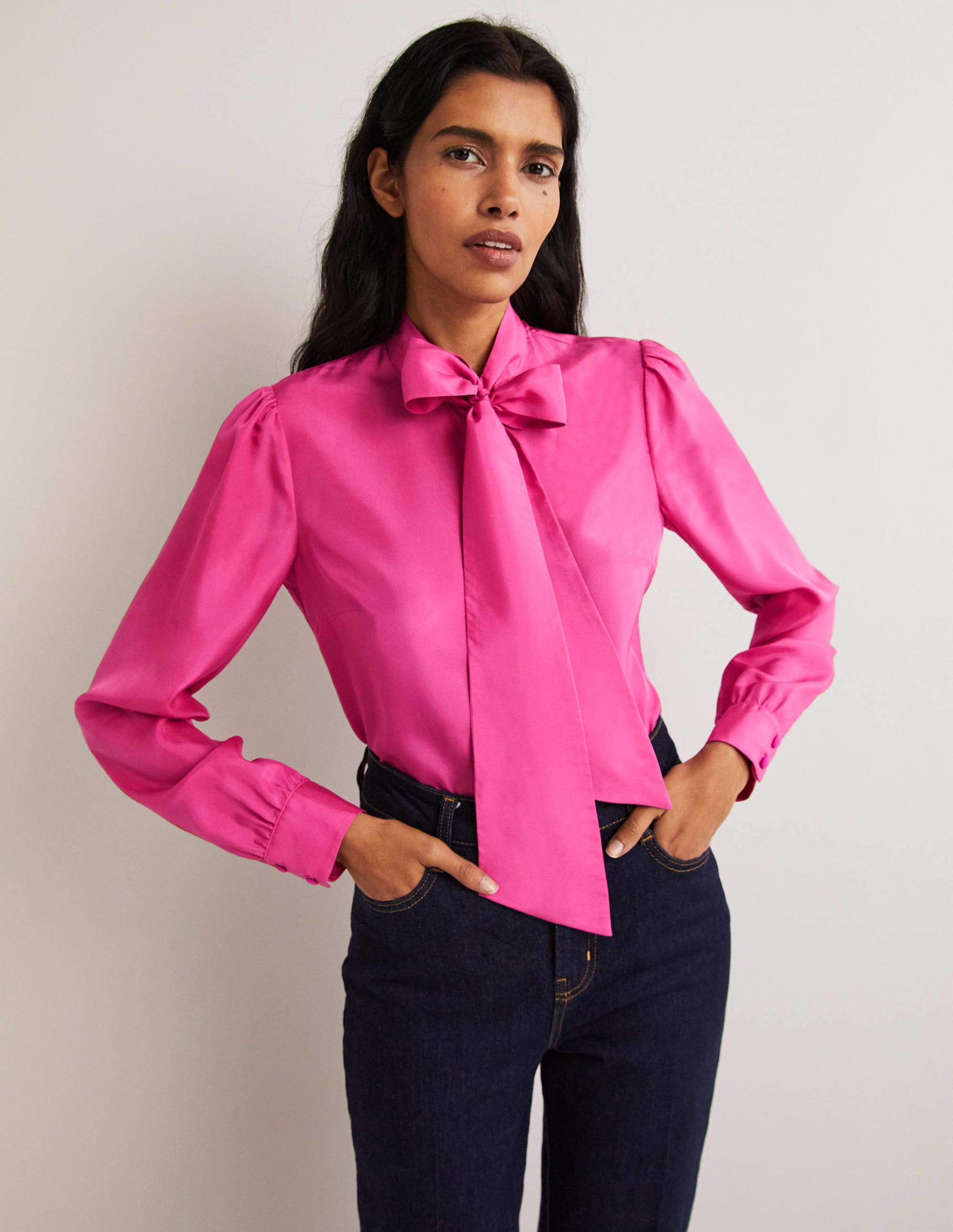 Silk Tie Neck Blouse-Wild Watermelon Pink - Image 1