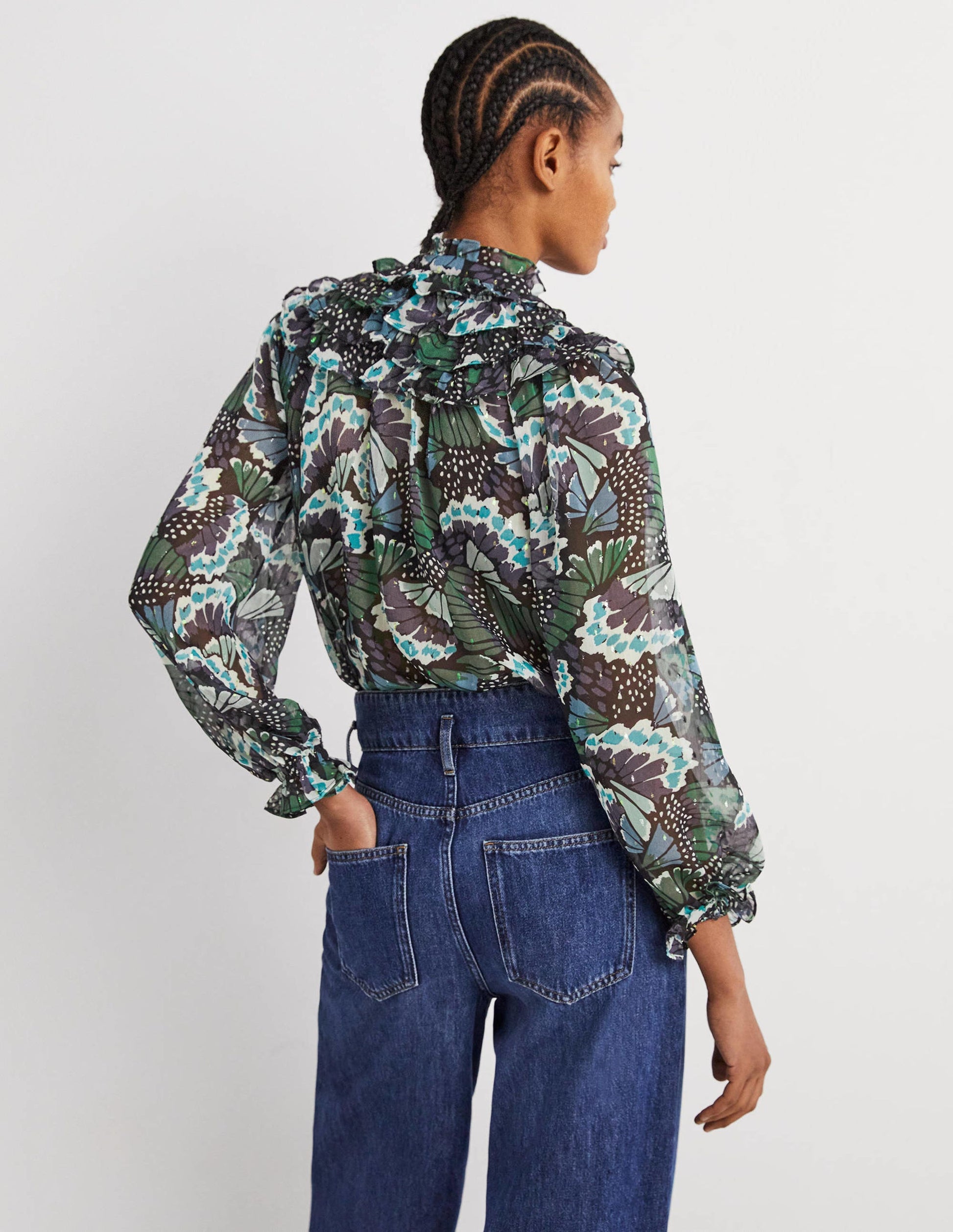 Chemise à col volanté-Noir, motif Petal Stamp-3