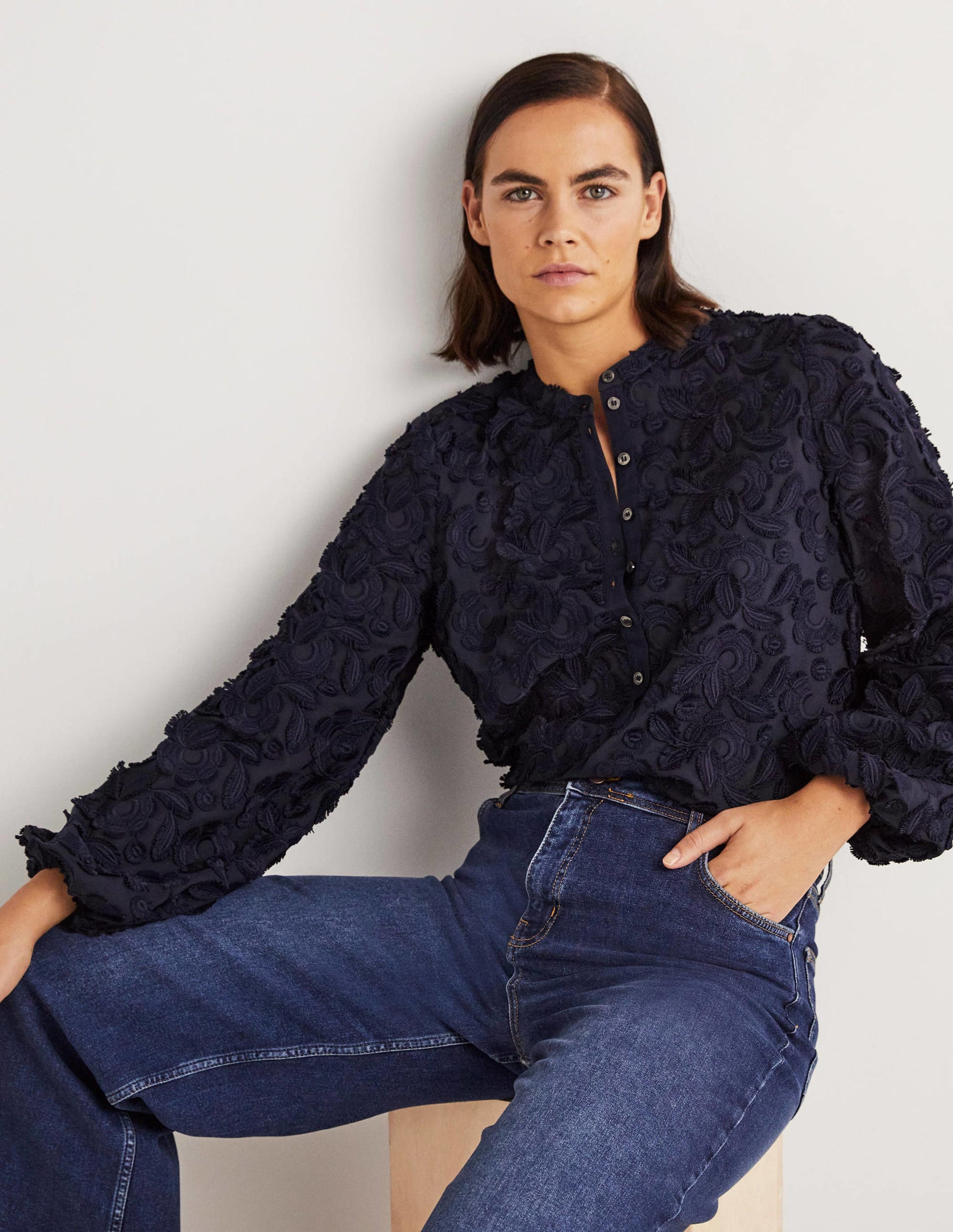 Strukturierte Bluse zum Hineinschlüpfen-Marineblau-4