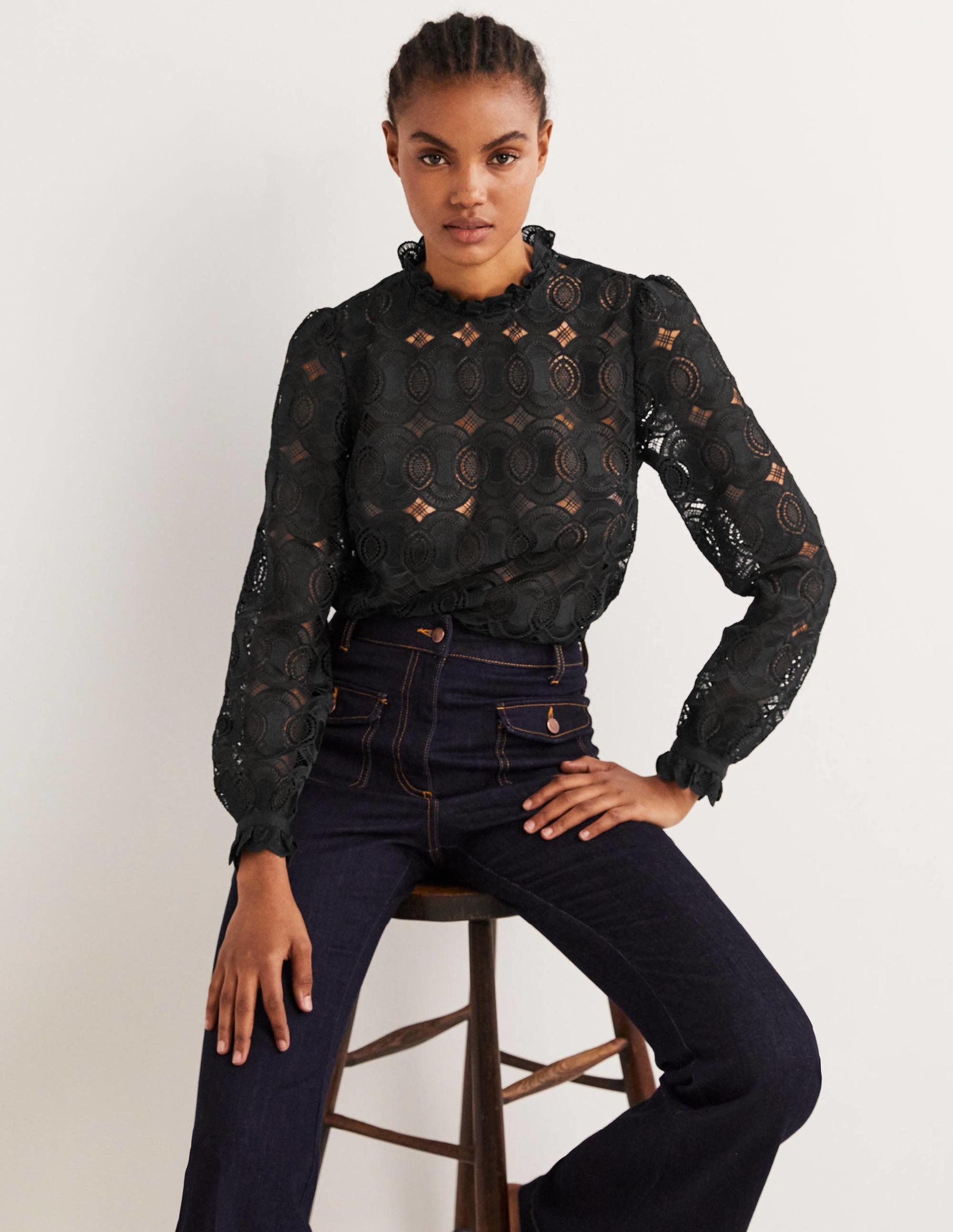High Neck Lace Top-Black - Image 1