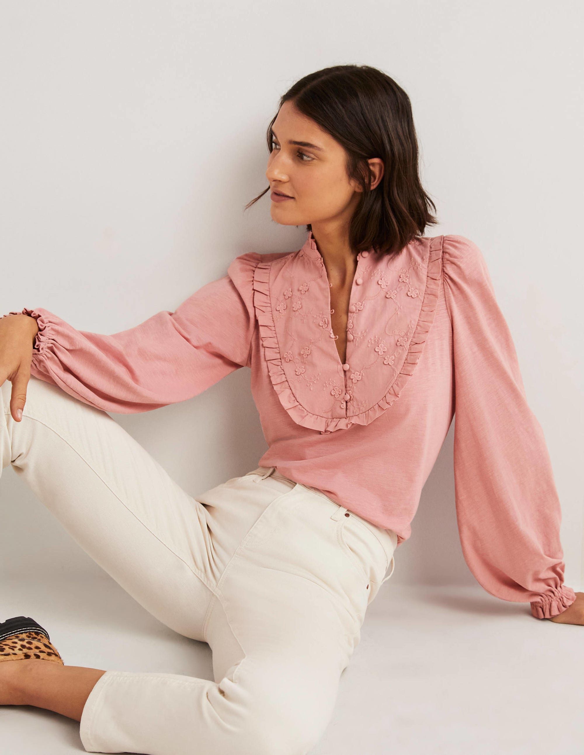 Embroidered Woven Mix Top-Almond Pink - Image 1