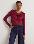 Frill Trim Crew Neck Top-Mulled Wine Purple