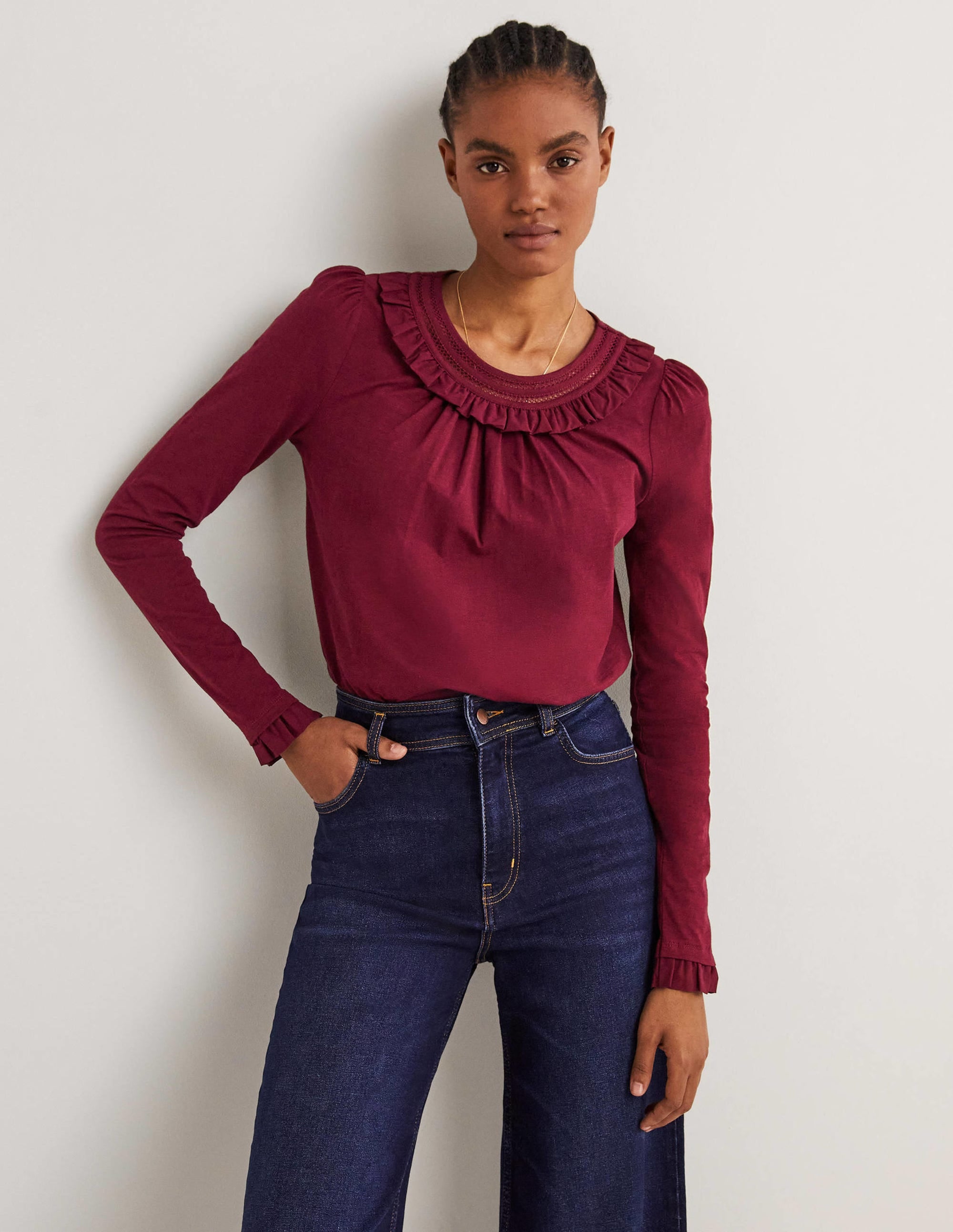 Frill Trim Crew Neck Top-Mulled Wine Purple - Image 1