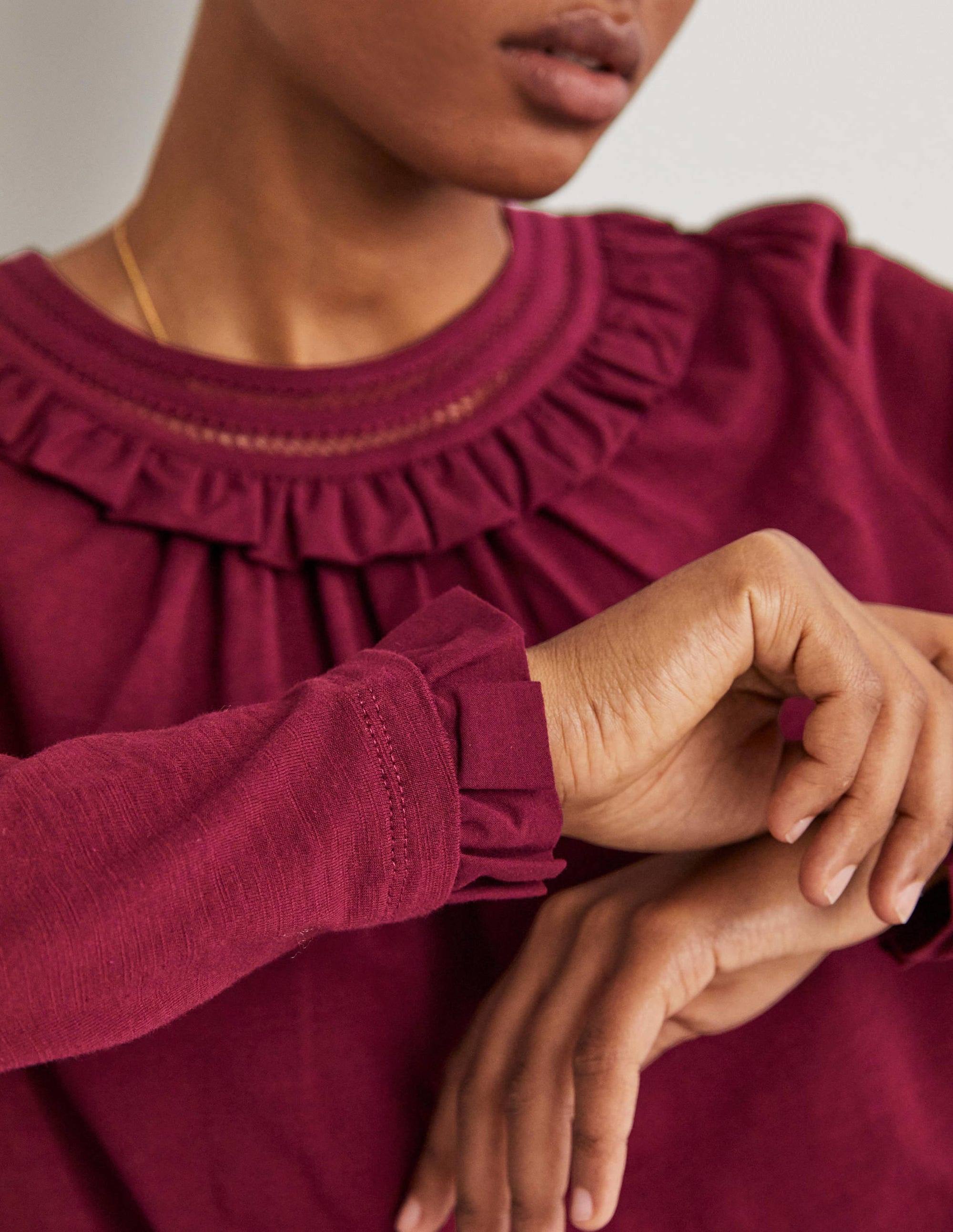 Frill Trim Crew Neck Top-Mulled Wine Purple - Image 2