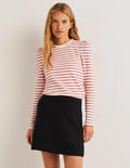 Oberteil mit Rundhalsausschnitt und Häkelbesatz-Ivory, Dusty Red Stripe