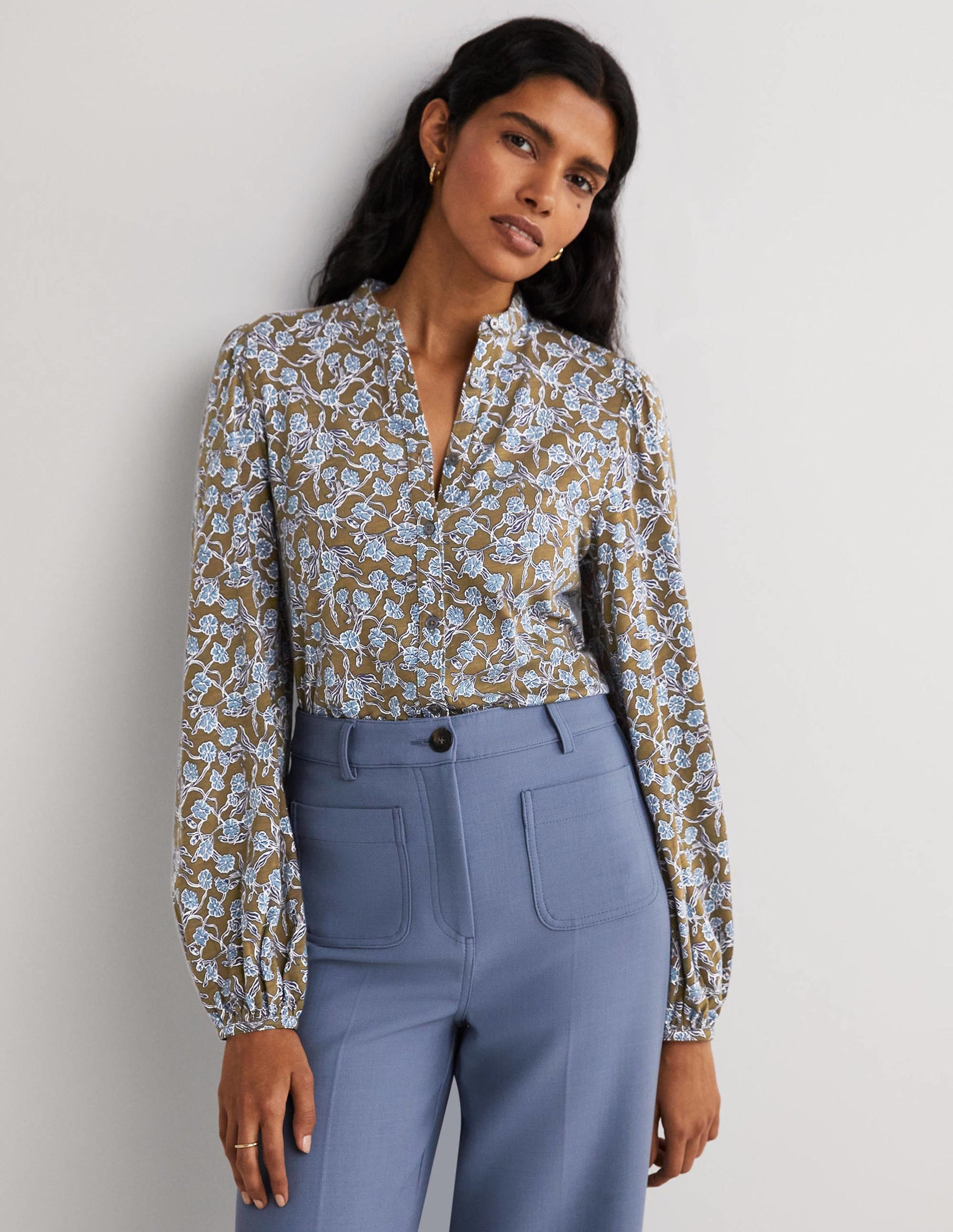 Chemise en jersey à manches larges-Basilic, motif Petal Vine-1