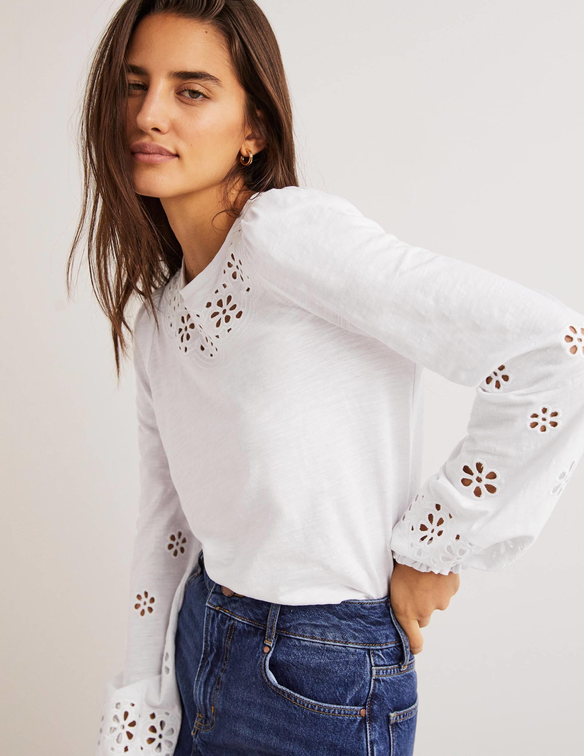 Top en jersey à empiècement en broderie anglaise-Blanc - Image 1