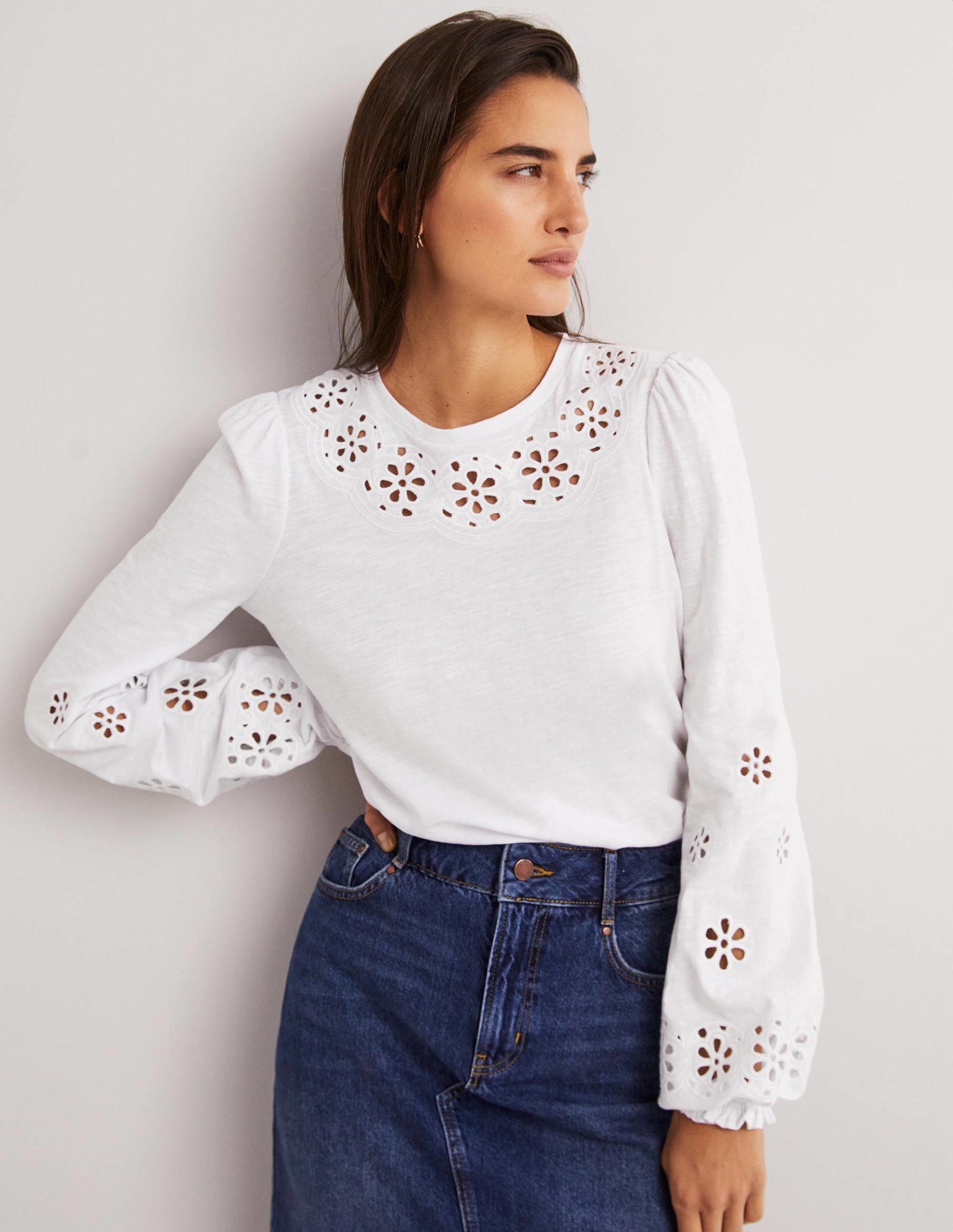 Top en jersey à empiècement en broderie anglaise-Blanc-4