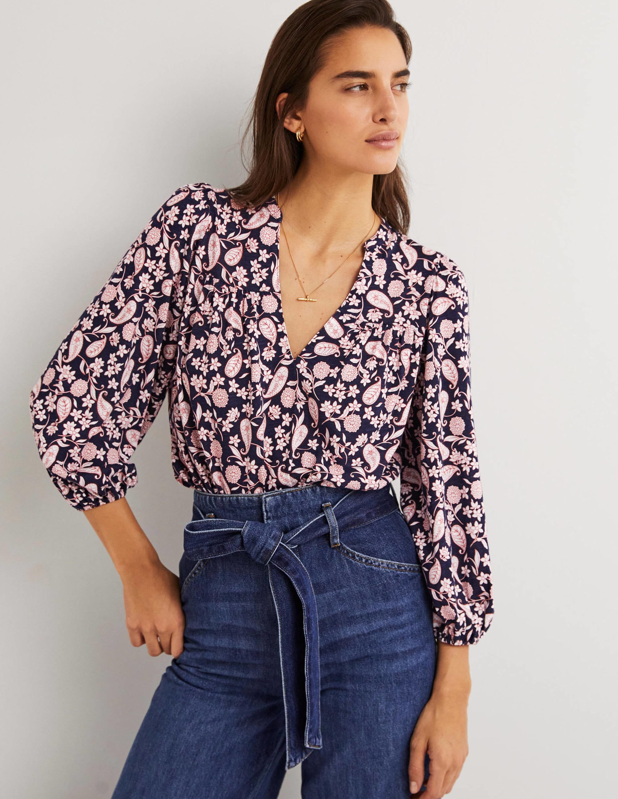 Printed Notch Neck Top-Navy, Flower Garden - Image 1