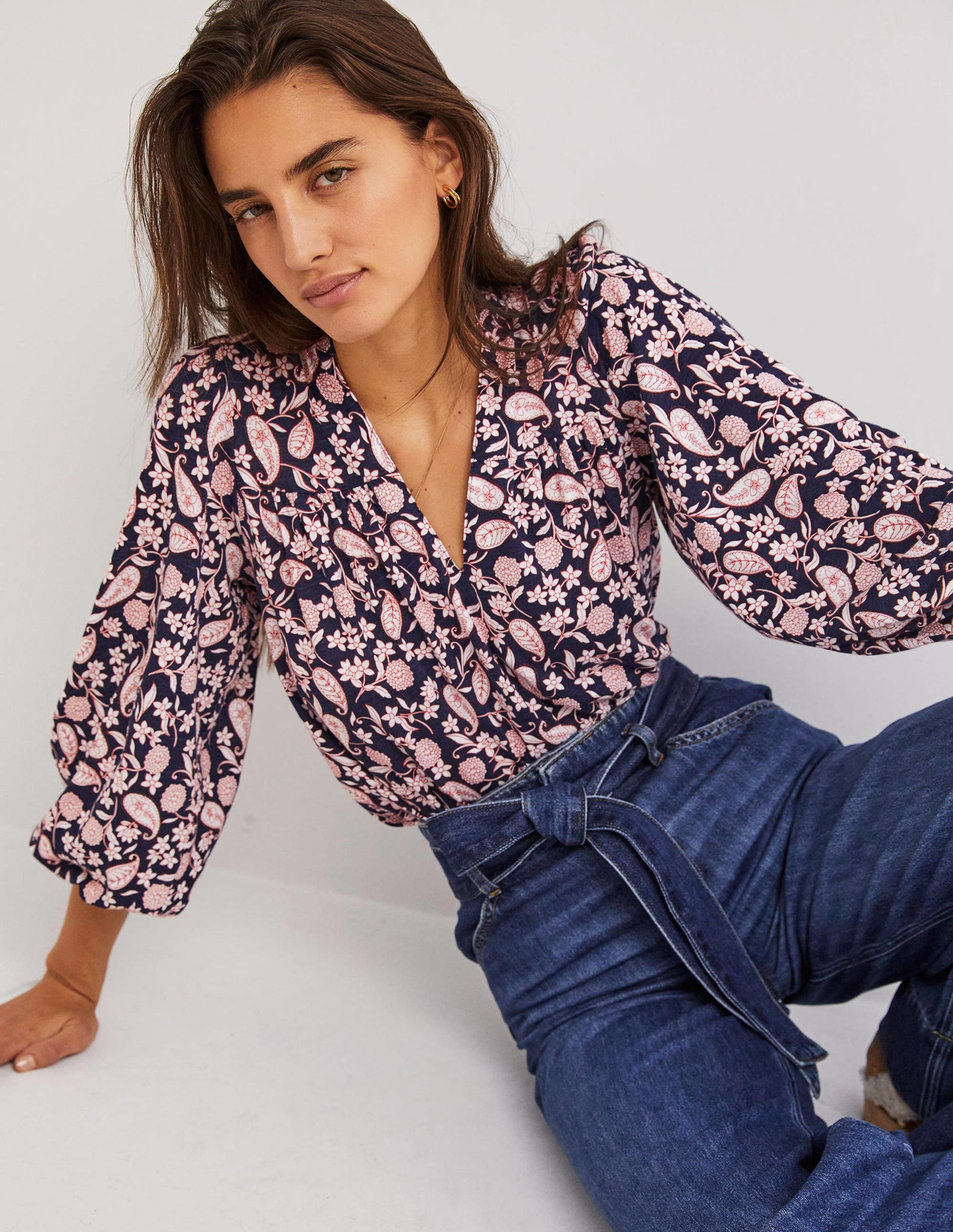 Printed Notch Neck Top-Navy, Flower Garden-2