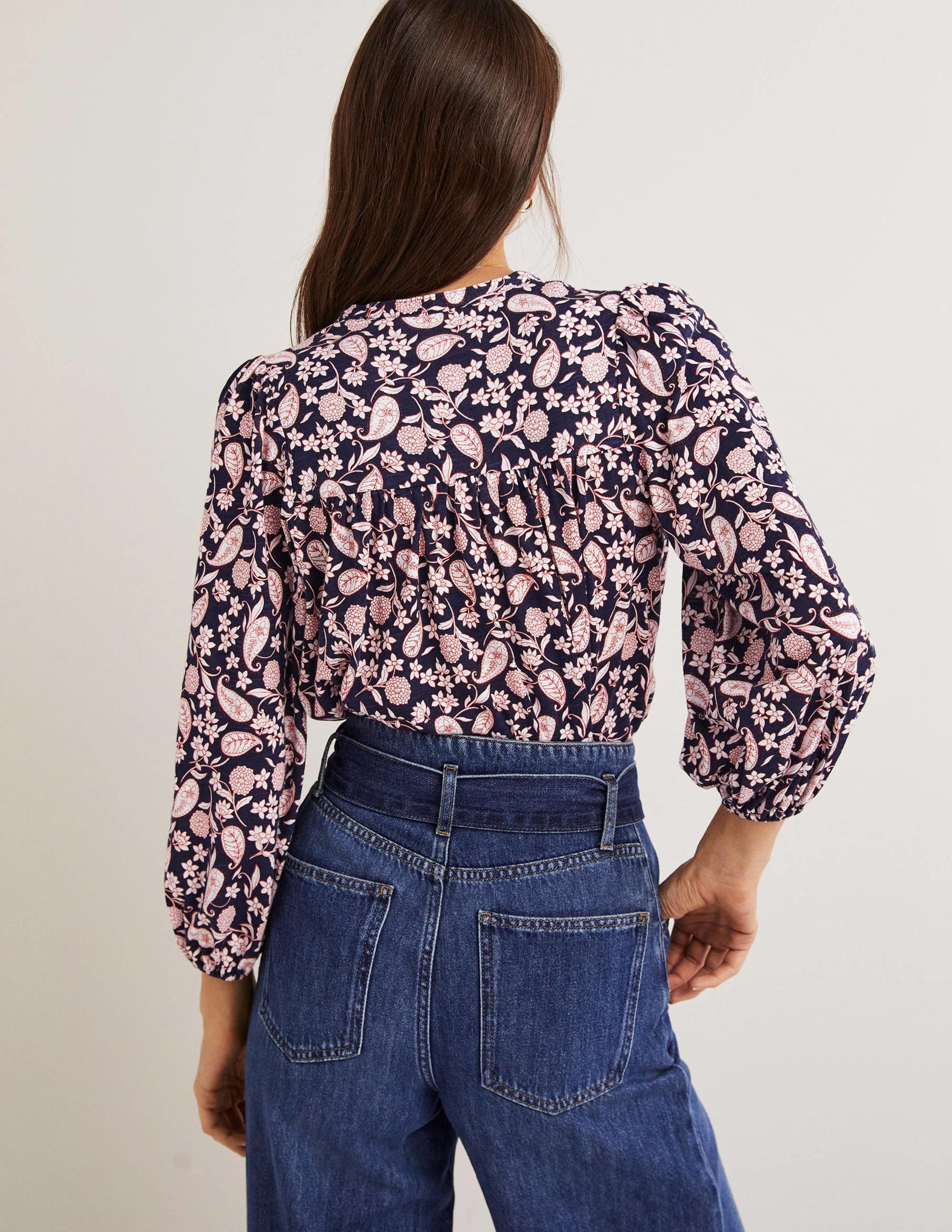 Printed Notch Neck Top-Navy, Flower Garden-4