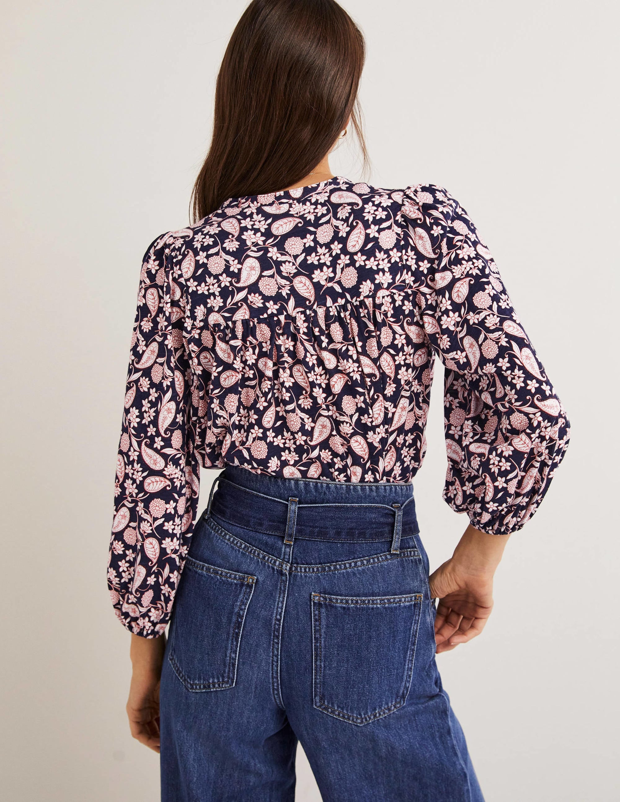 Printed Notch Neck Top-Navy, Flower Garden - Image 4