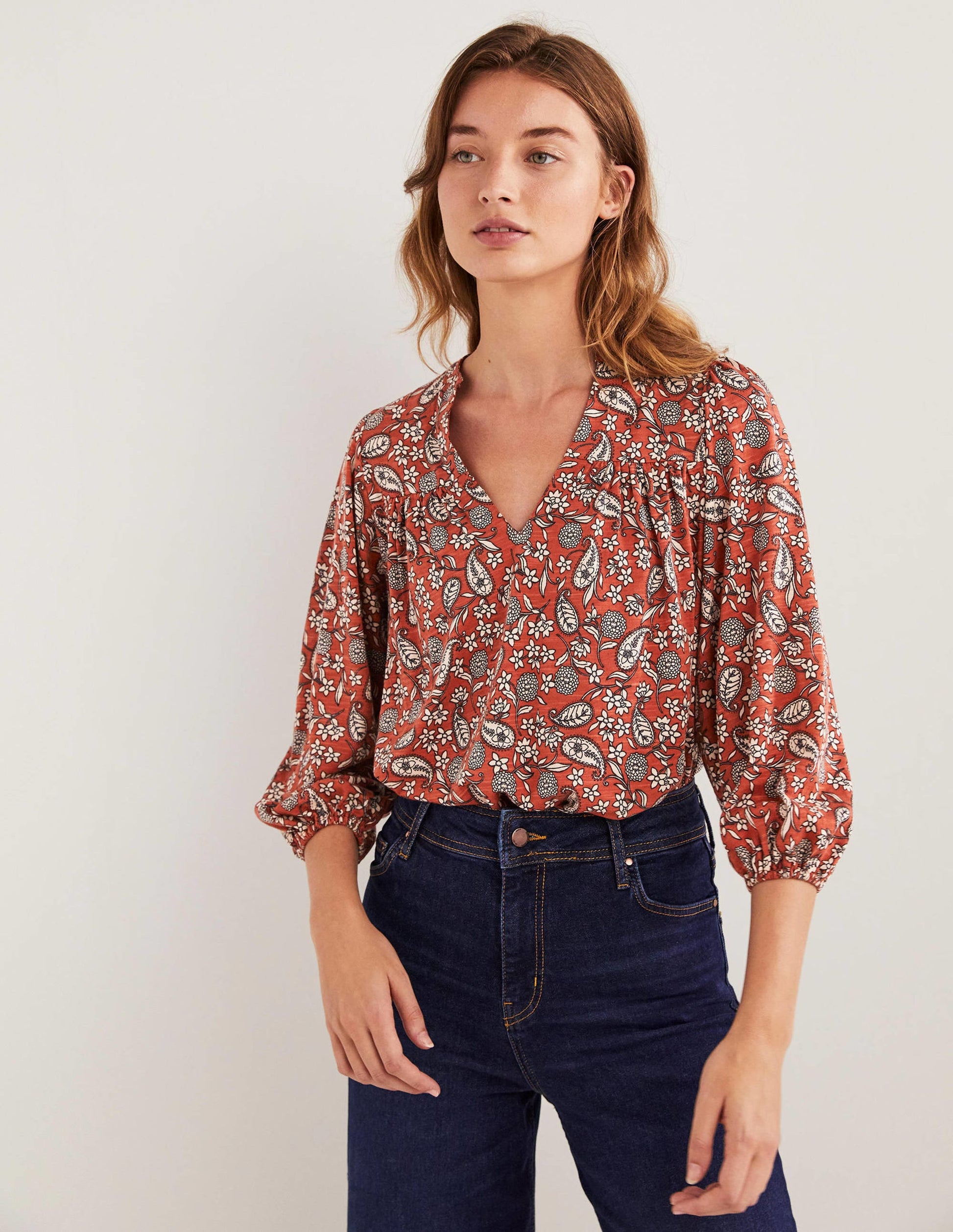 Printed Notch Neck Top-Chili Oil, Flower Garden-1