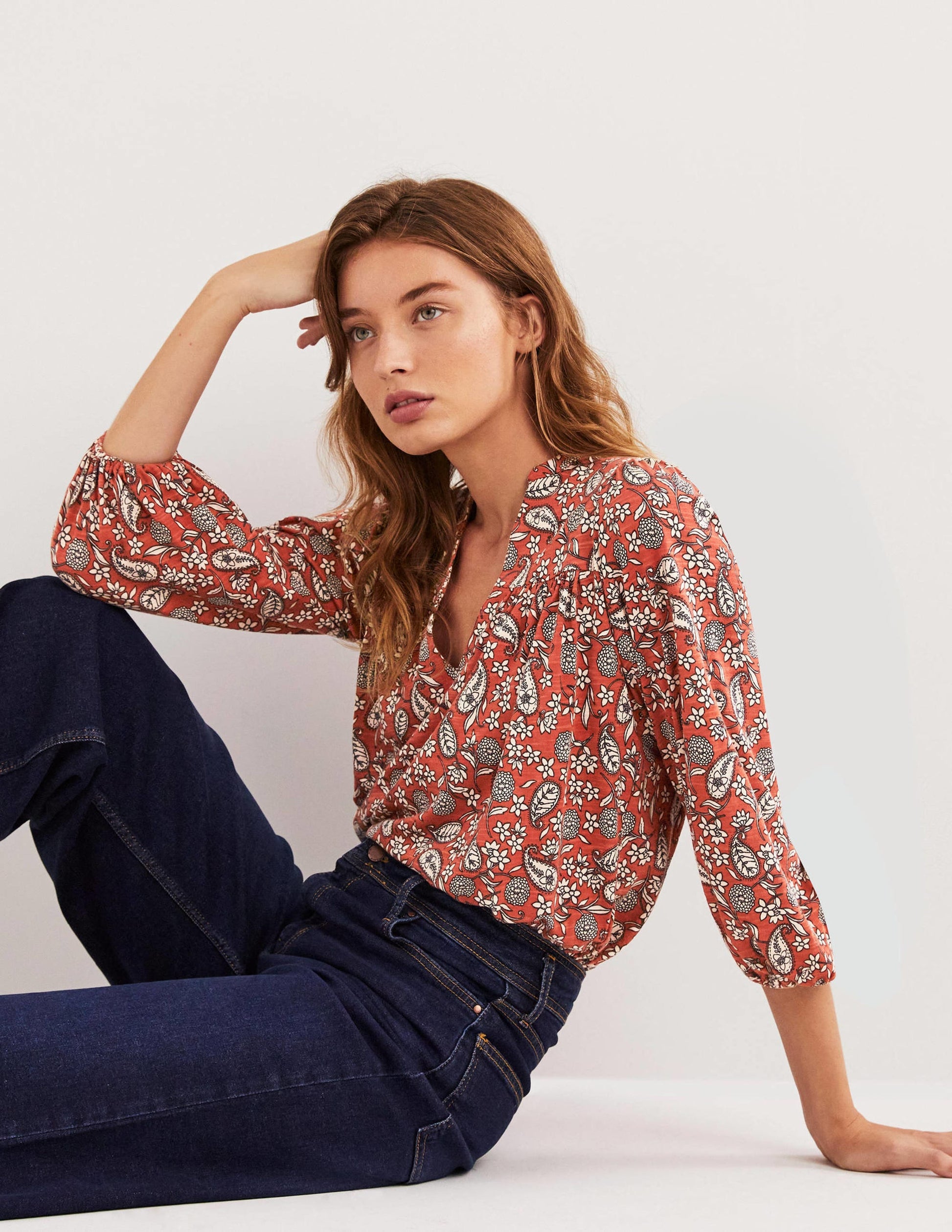 Printed Notch Neck Top-Chili Oil, Flower Garden-4