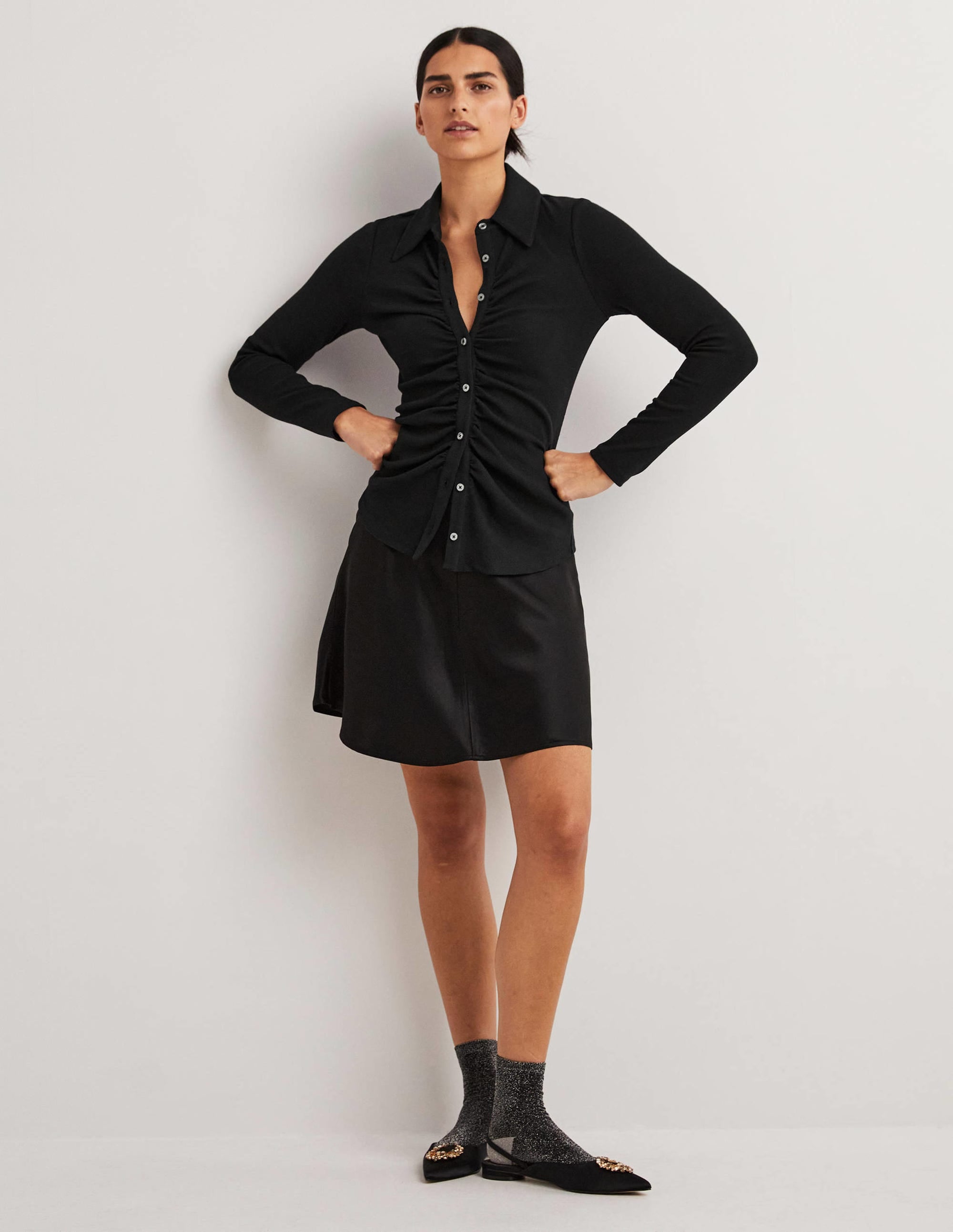 Chemise en jersey froncée sur le devant-Noir - Image 6