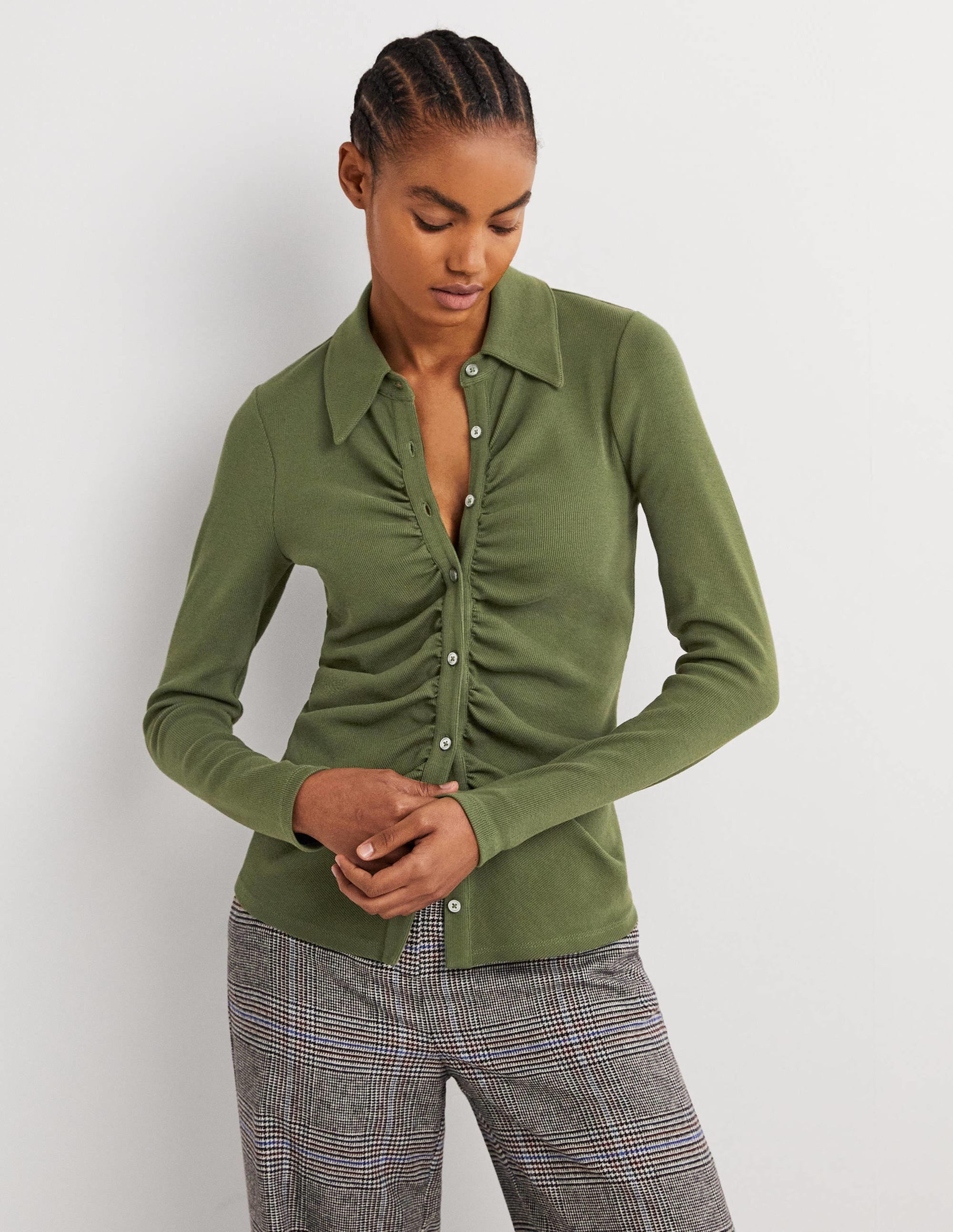 Chemise en jersey froncée sur le devant-Vert kaki - Image 1
