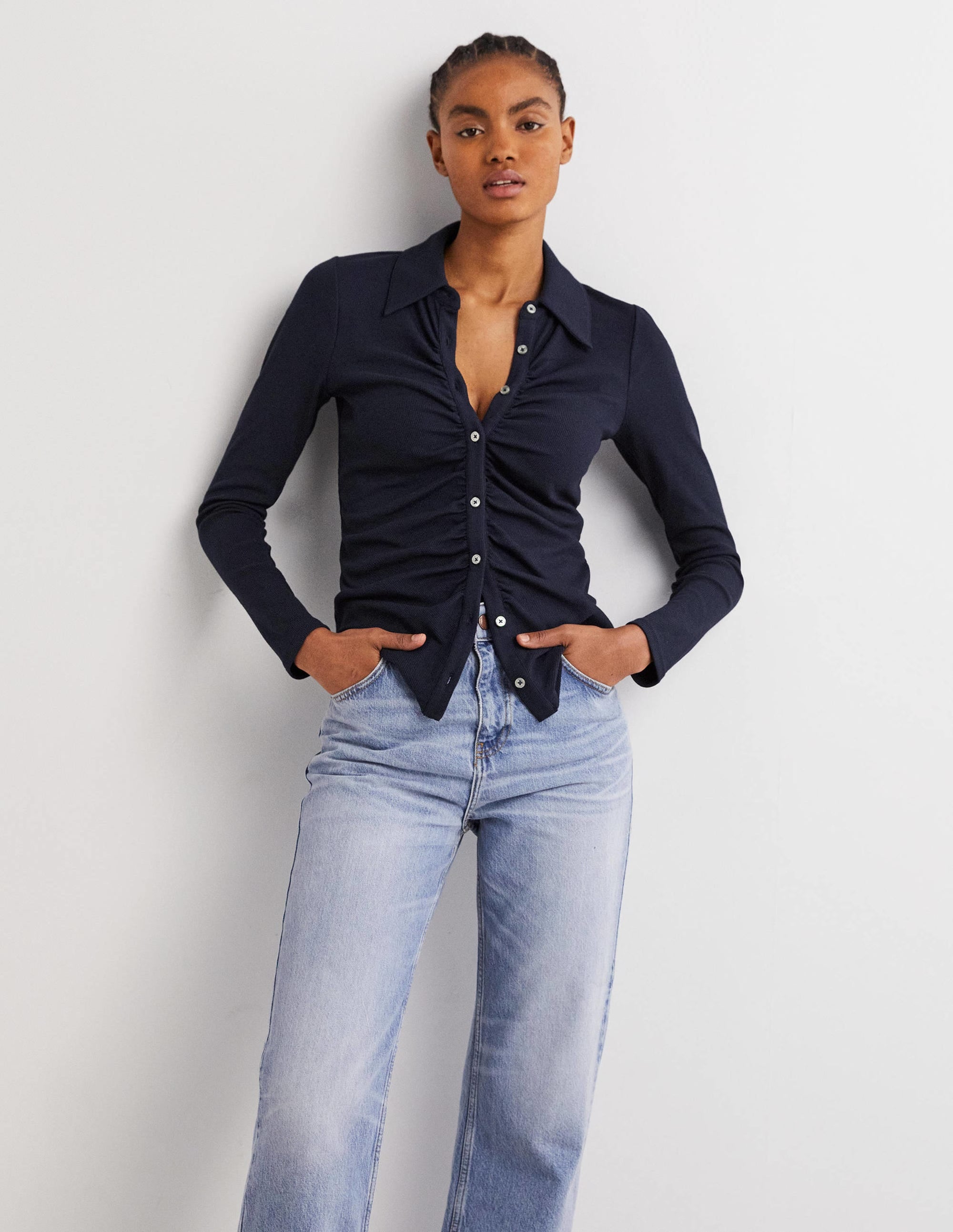 Ruched Front Jersey Shirt-Navy - Image 4