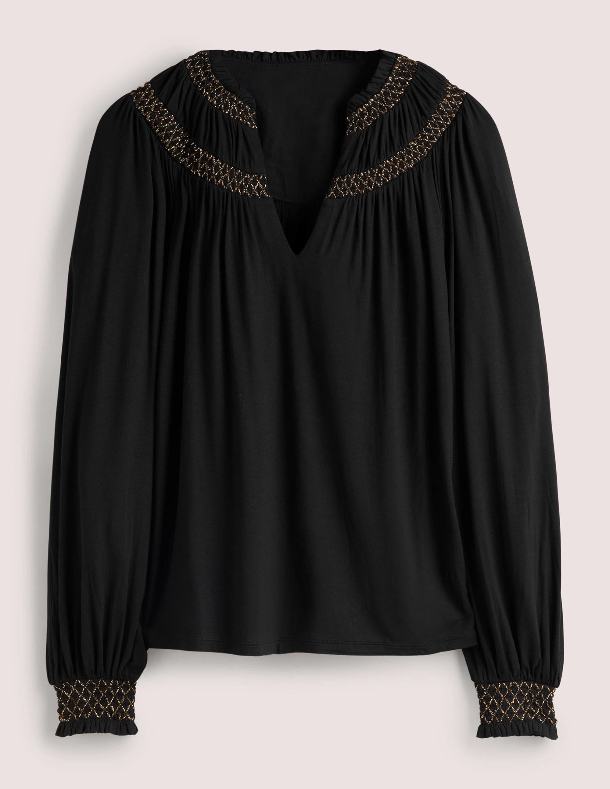 Smocked Yoke Metallic Top-Black, Gold - Image 6