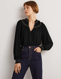 Smocked Yoke Metallic Top-Black, Gold