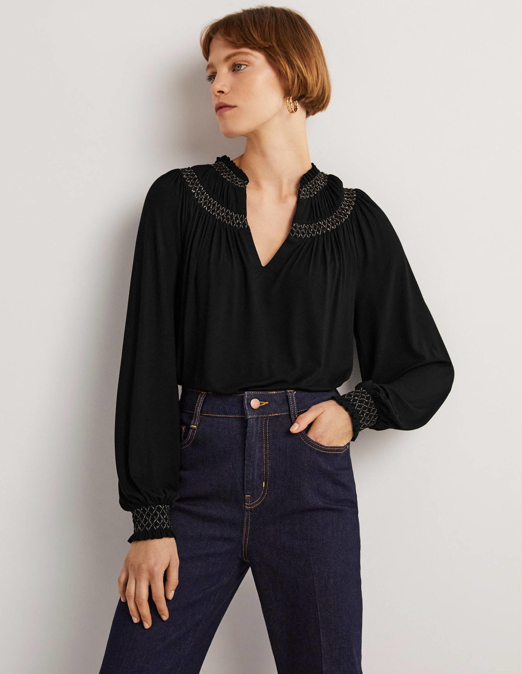 Smocked Yoke Metallic Top-Black, Gold - Image 1