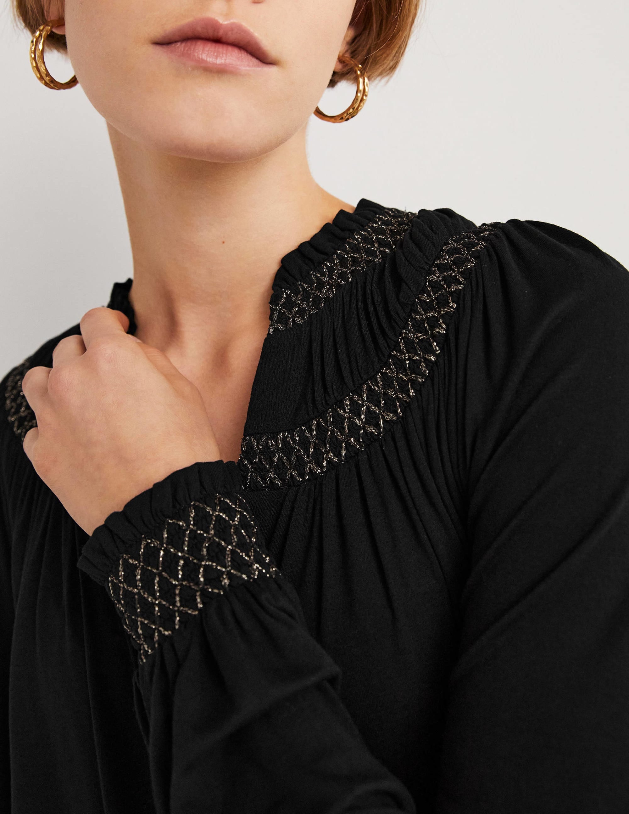Smocked Yoke Metallic Top-Black, Gold - Image 2