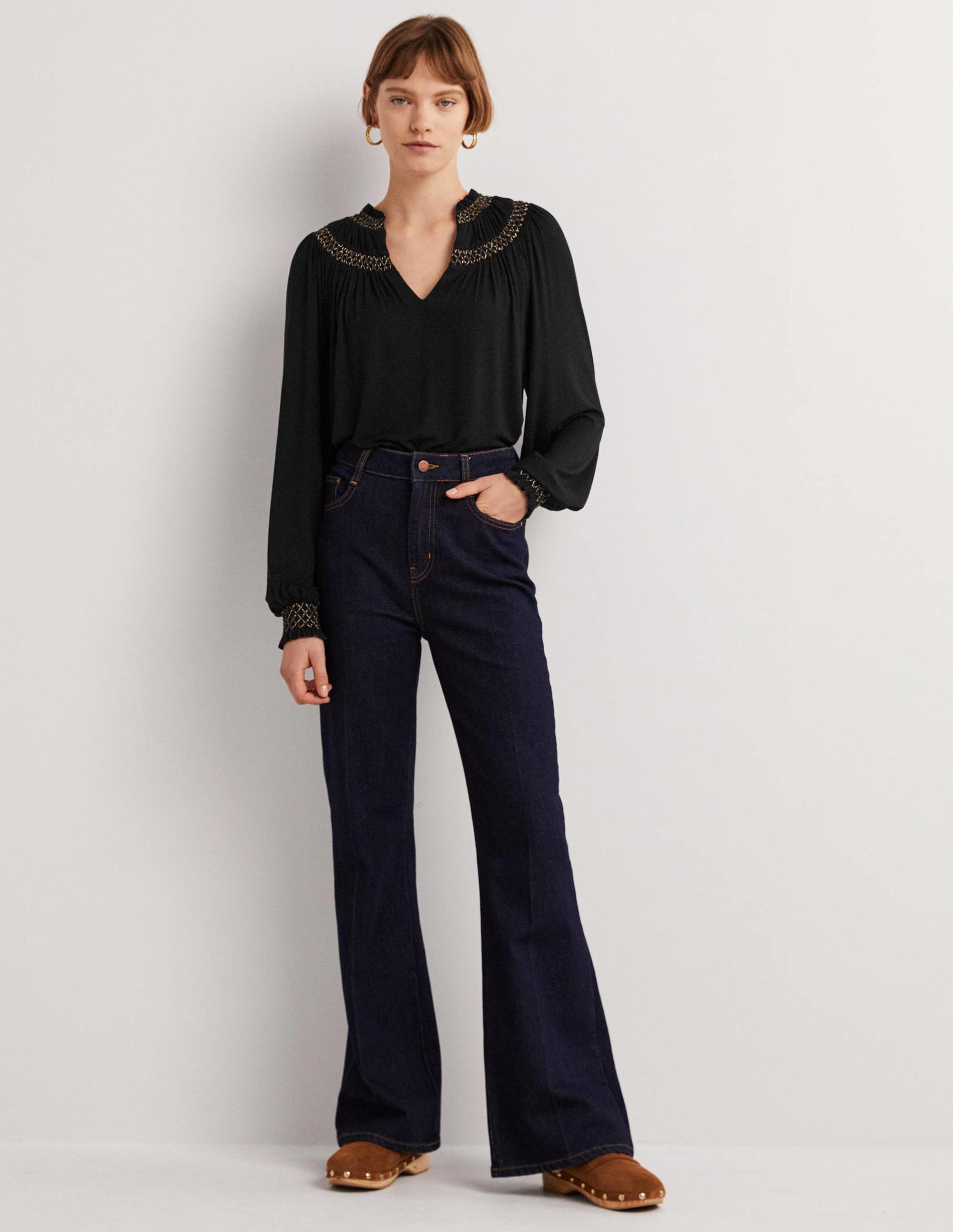 Smocked Yoke Metallic Top-Black, Gold - Image 4