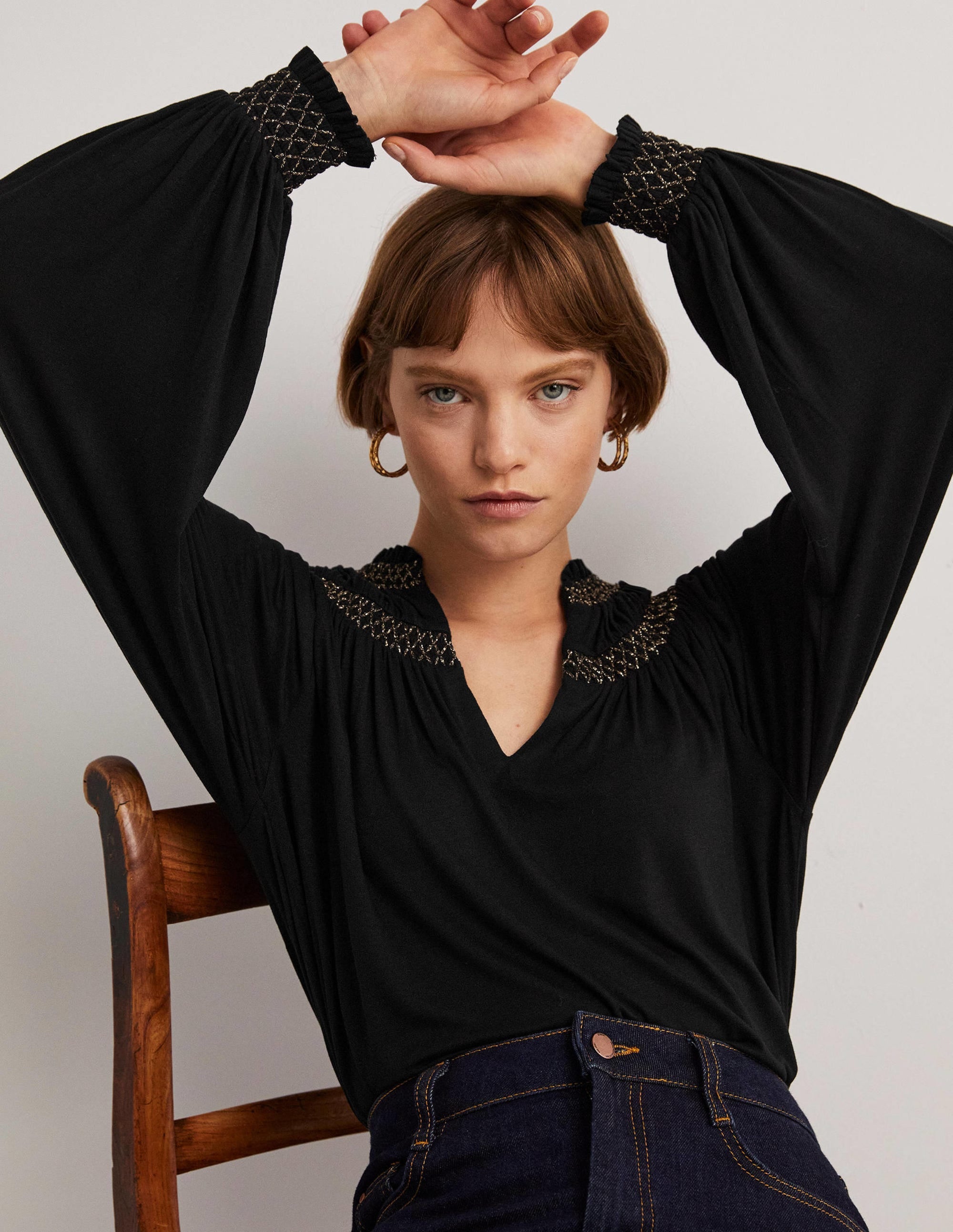 Smocked Yoke Metallic Top-Black, Gold - Image 5