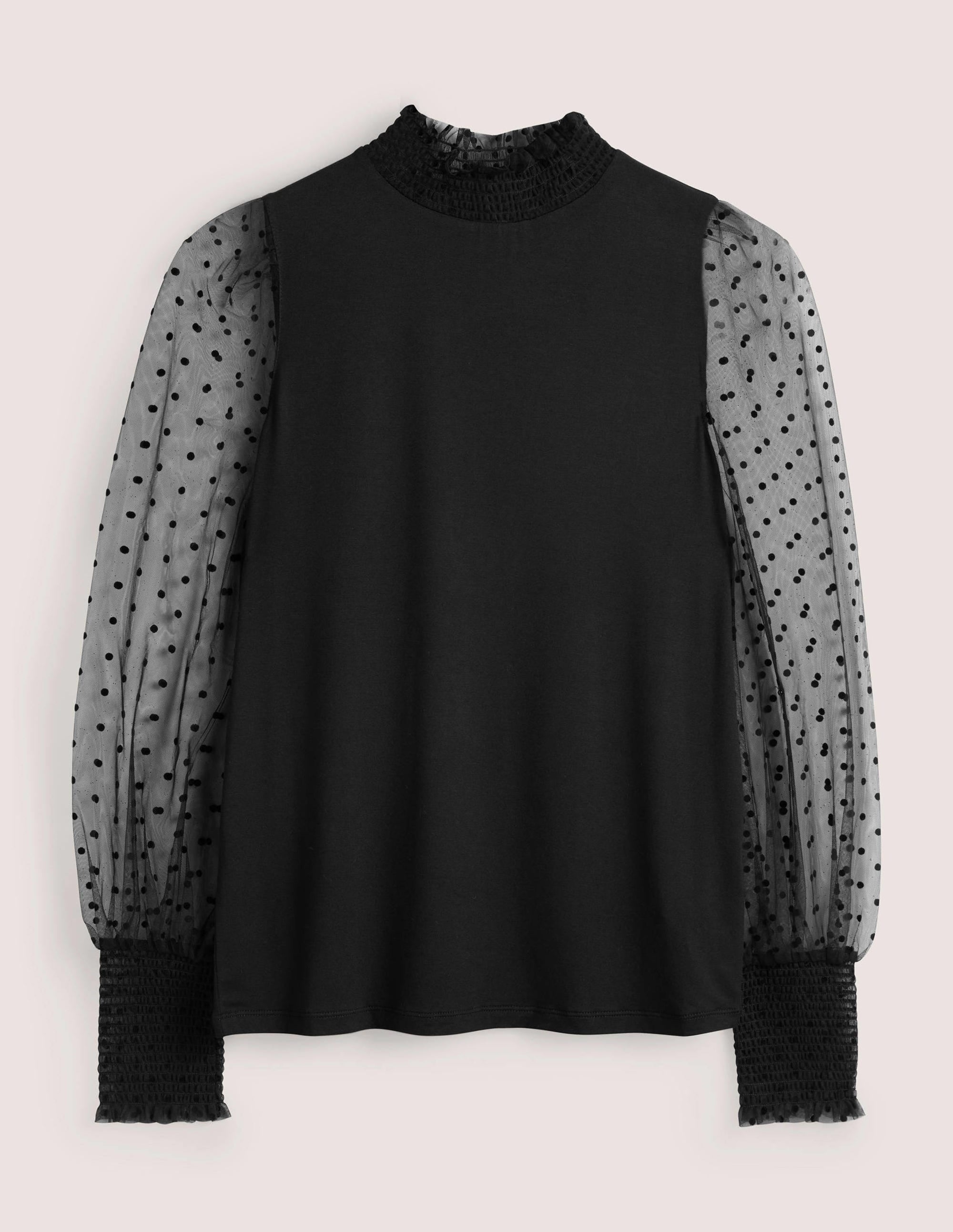 Black Polka Dot Tulle-Sleeve Party Top-Black/Black Flocked Spot - Image 6
