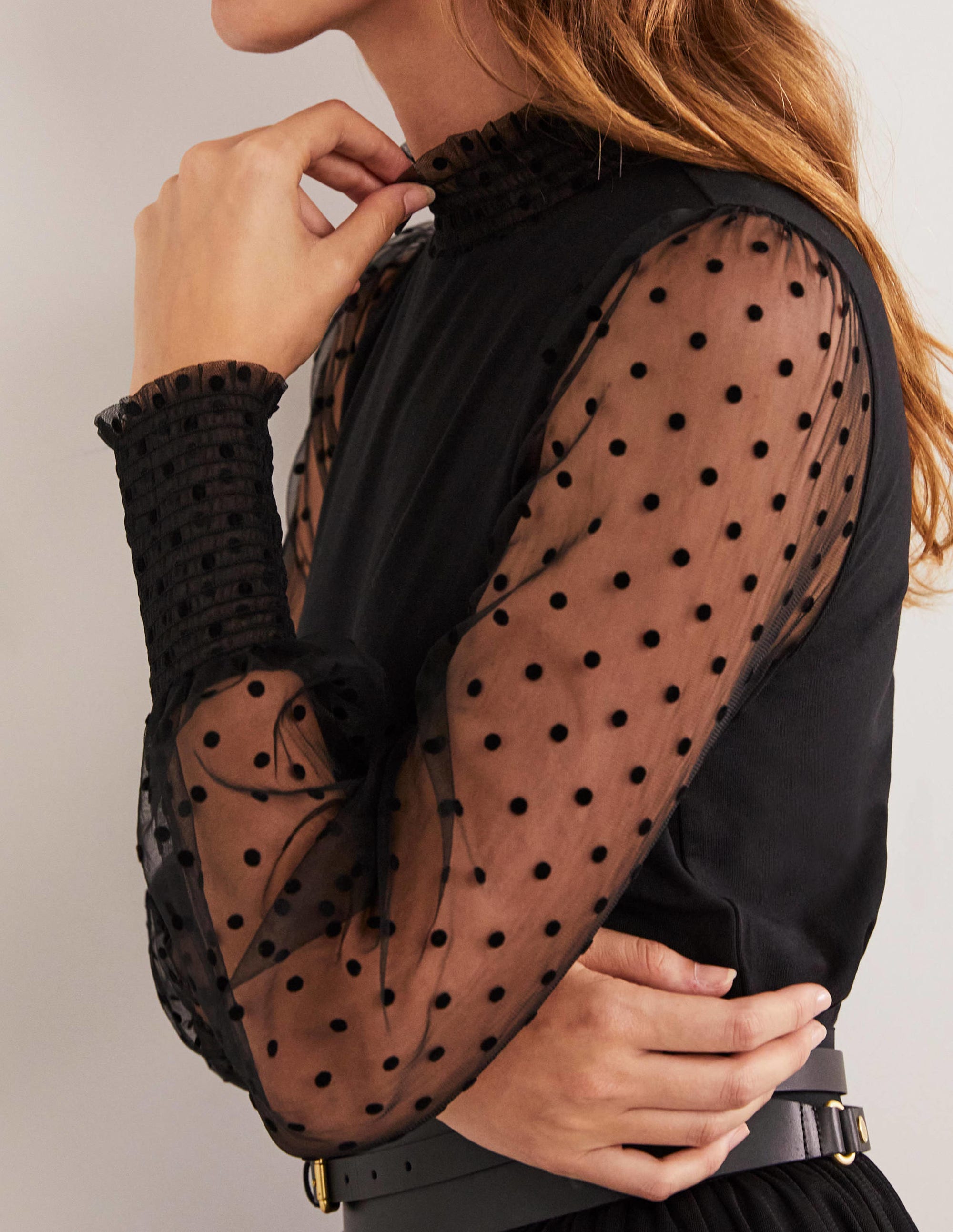 Black Polka Dot Tulle-Sleeve Party Top-Black/Black Flocked Spot - Image 2
