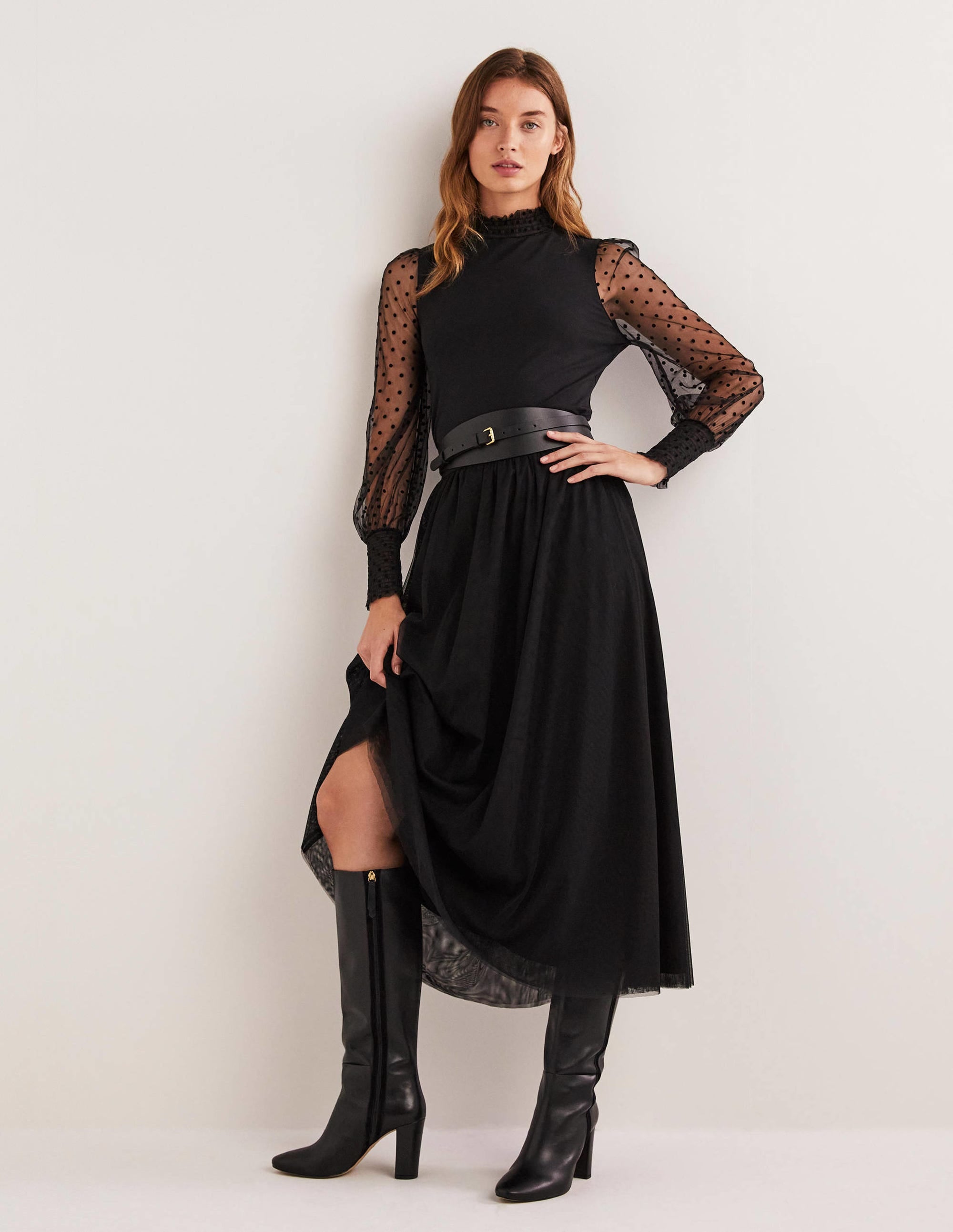 Black Polka Dot Tulle-Sleeve Party Top-Black/Black Flocked Spot - Image 4