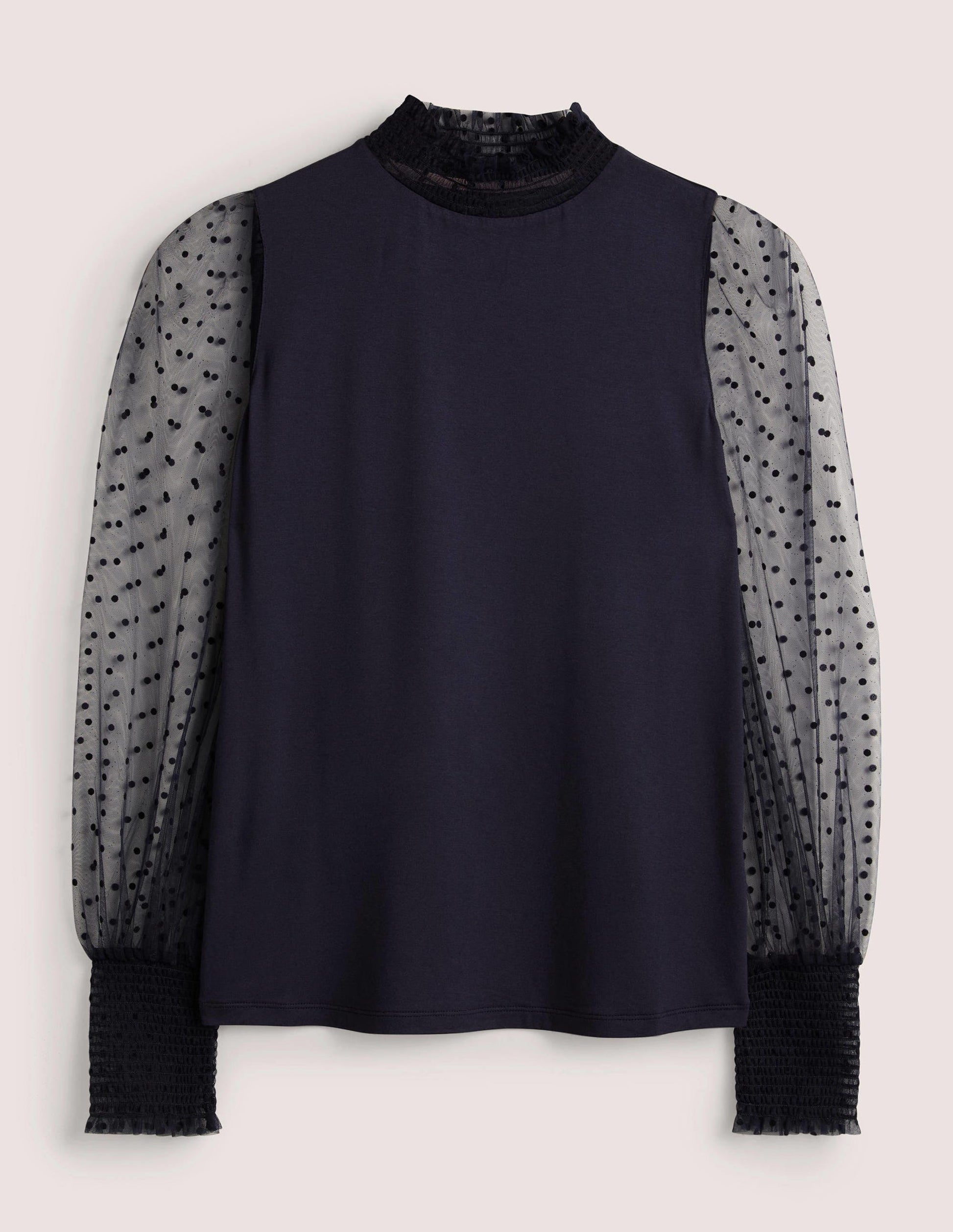 Navy Polka Dot Tulle-Sleeve Party Top-Navy, Navy Geflockte Tupfen-6