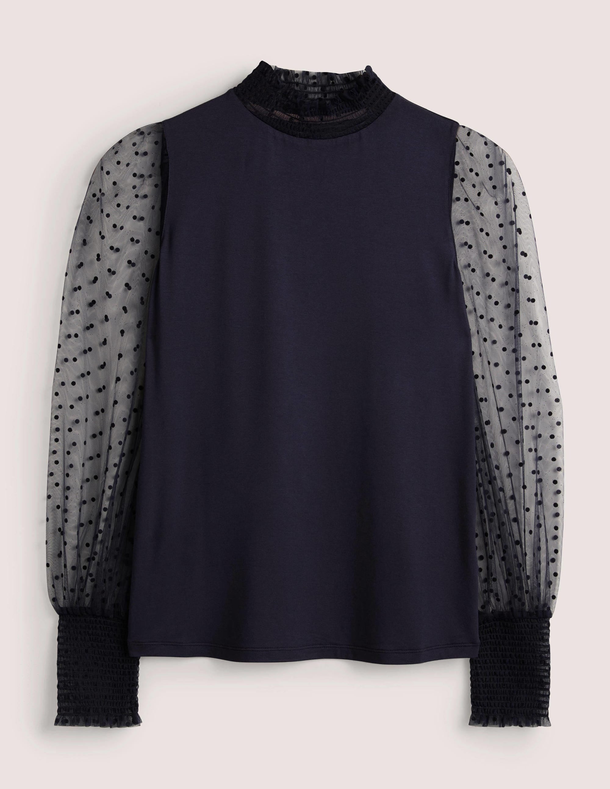 Navy Polka Dot Tulle-Sleeve Party Top-Navy, Navy Geflockte Tupfen - Image 6