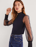Navy Polka Dot Tulle-Sleeve Party Top-Navy, Navy Geflockte Tupfen