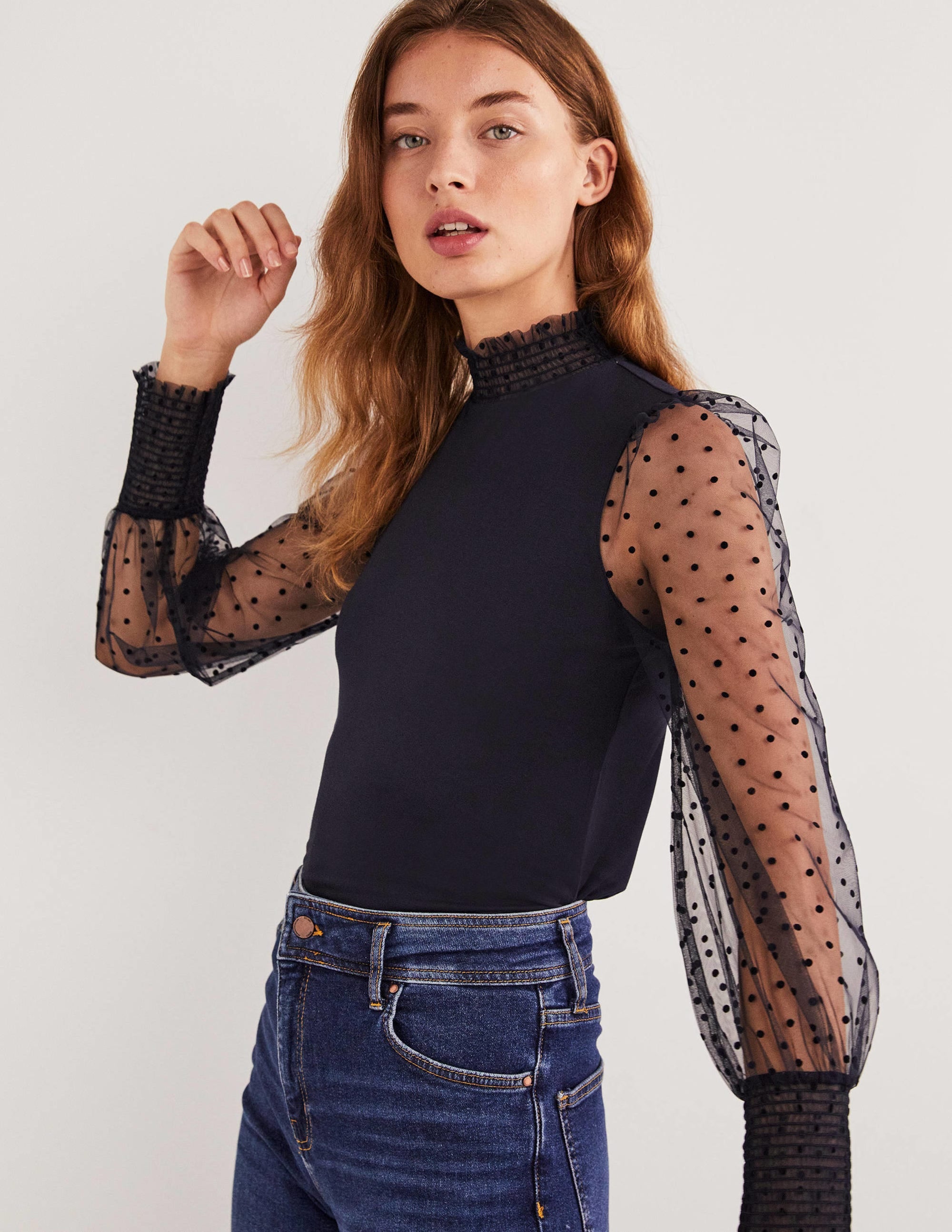 Navy Polka Dot Tulle-Sleeve Party Top-Navy, Navy Geflockte Tupfen - Image 1