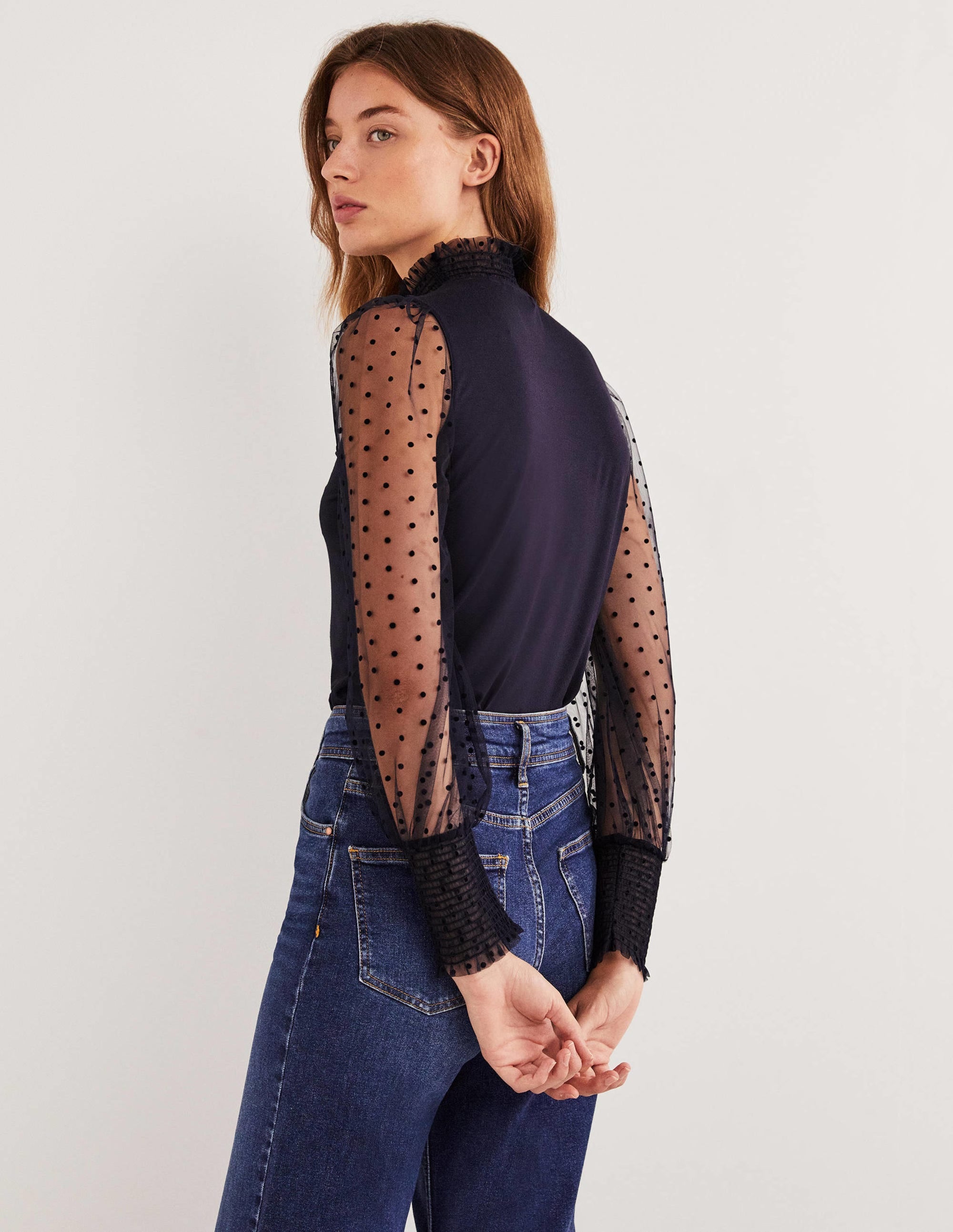 Navy Polka Dot Tulle-Sleeve Party Top-Navy, Navy Geflockte Tupfen - Image 3