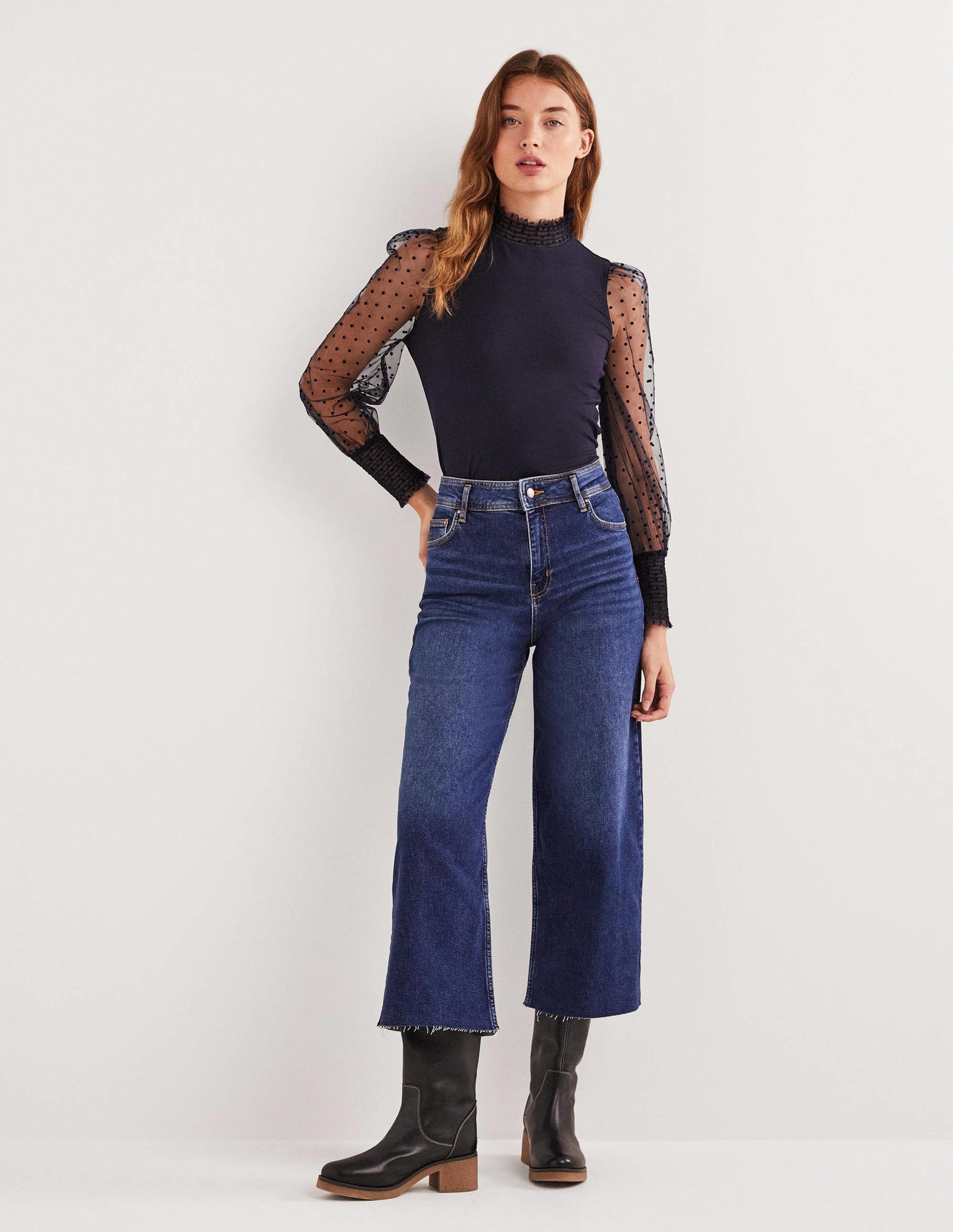 Navy Polka Dot Tulle-Sleeve Party Top-Navy, Navy Geflockte Tupfen-4