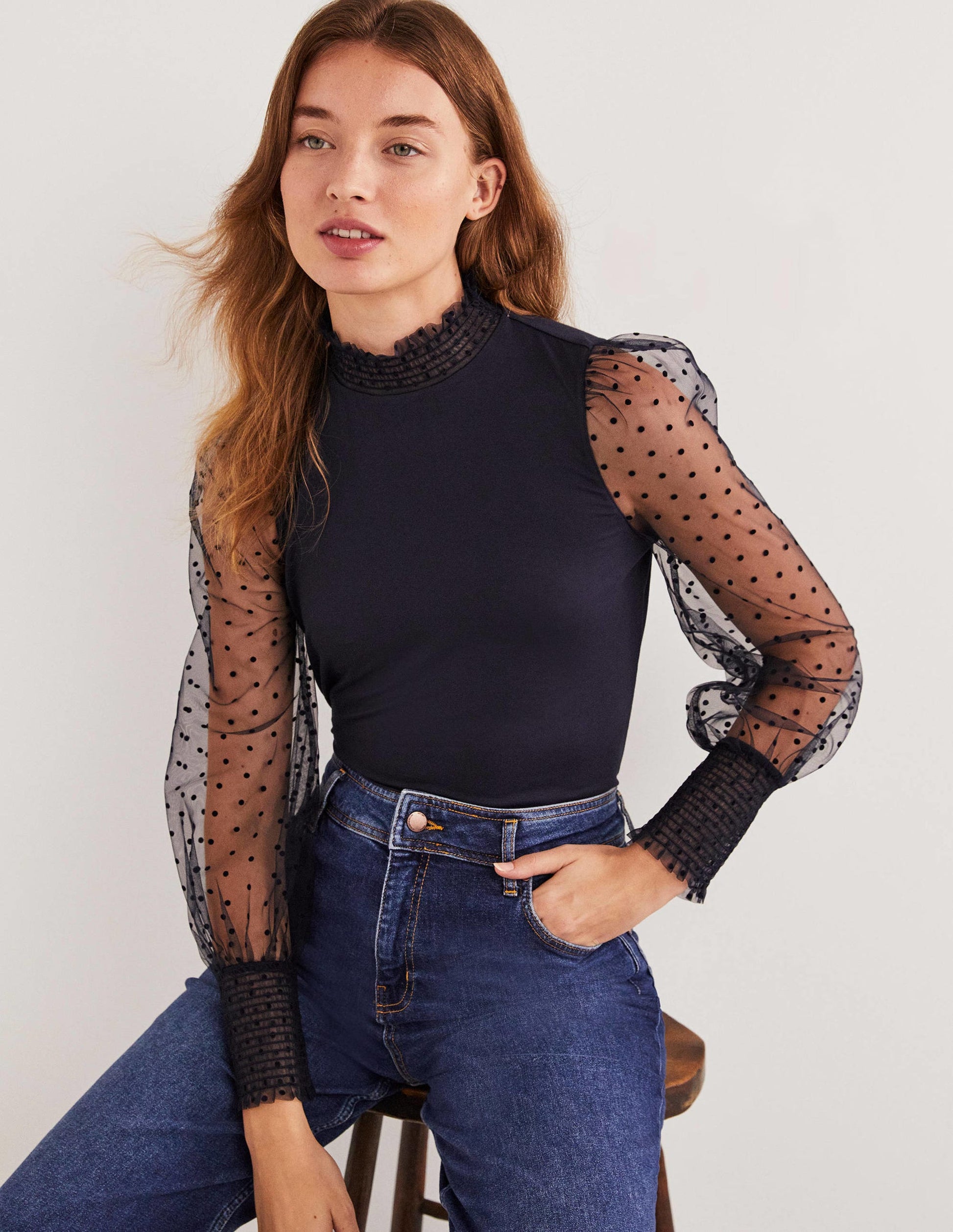 Navy Polka Dot Tulle-Sleeve Party Top-Navy, Navy Geflockte Tupfen-5