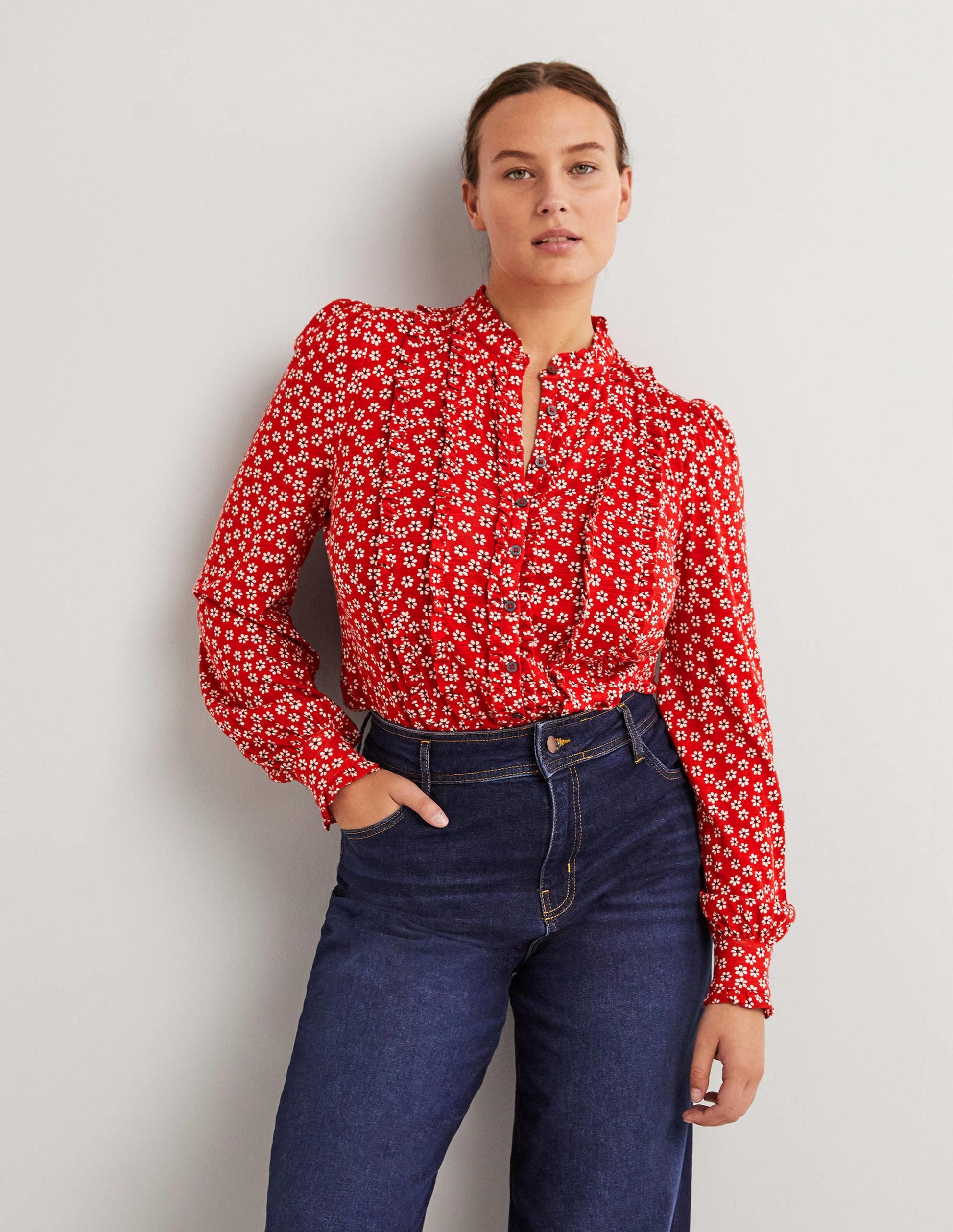 Chemise en jersey à volants-Poinsettia, pâquerettes-1