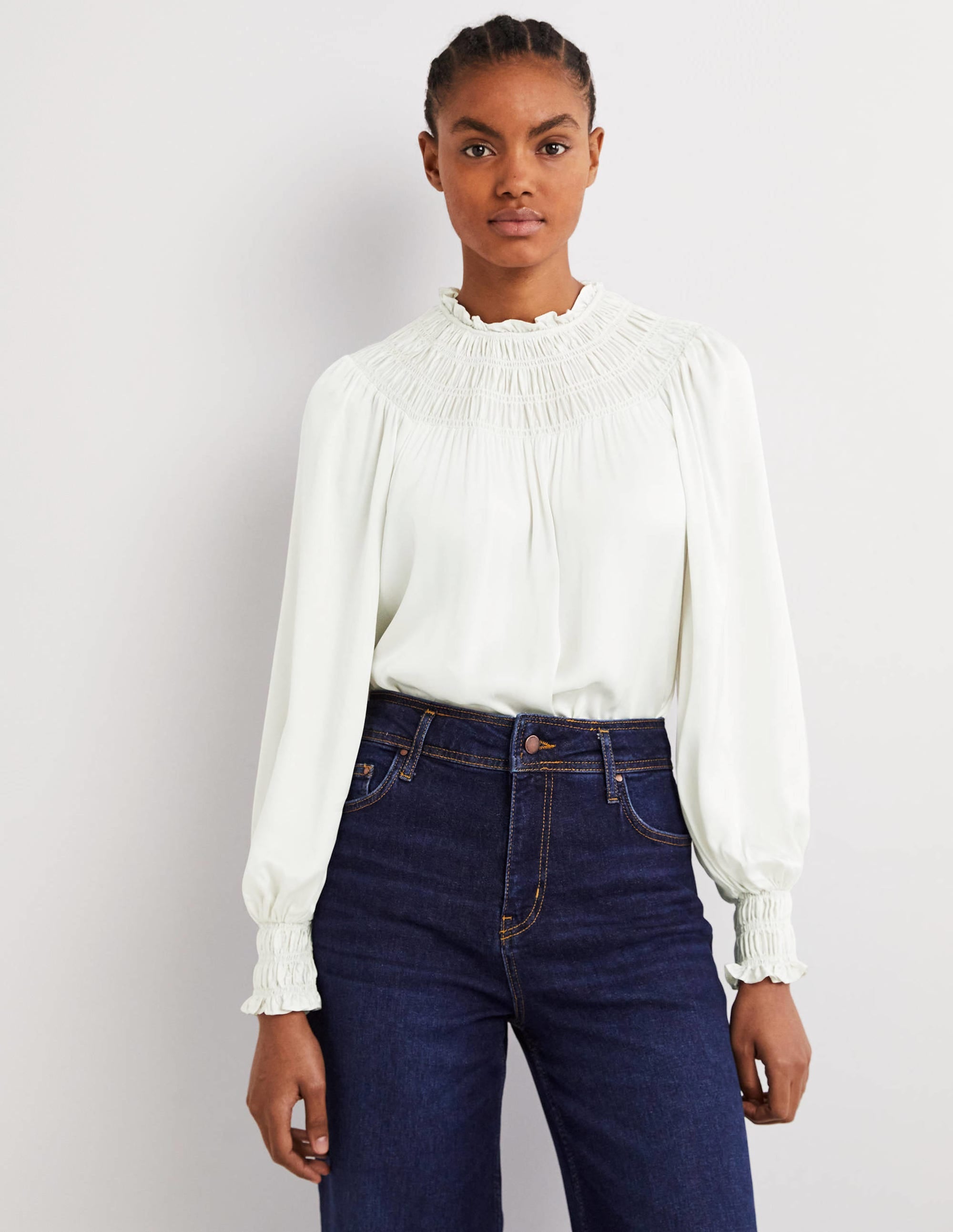 Top avec empiècement à smocks-Ivoire - Image 1