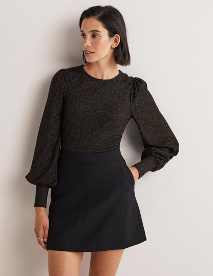 Metallic Blouson Sleeve Top-Black/Gold Sparkle