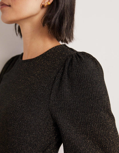 Metallic Blouson Sleeve Top-Black/Gold Sparkle