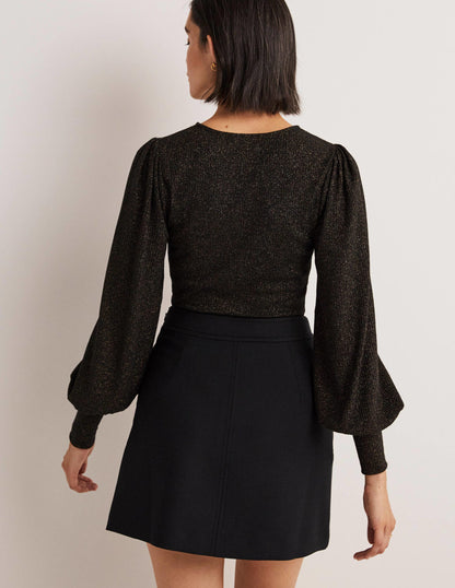 Metallic Blouson Sleeve Top-Black/Gold Sparkle