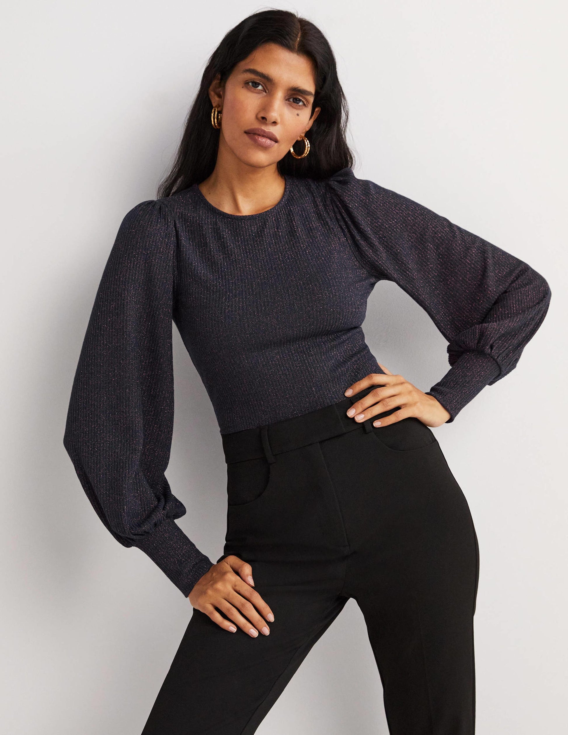 Metallic-Oberteil mit Blousonärmeln-Navy, Kupferglitzer-2