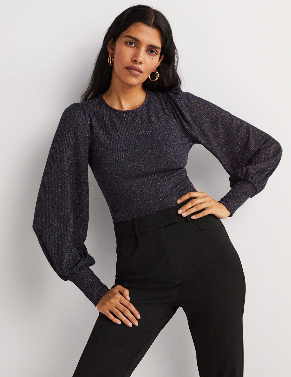 Metallic-Oberteil mit Blousonärmeln-Navy, Kupferglitzer - Image 2