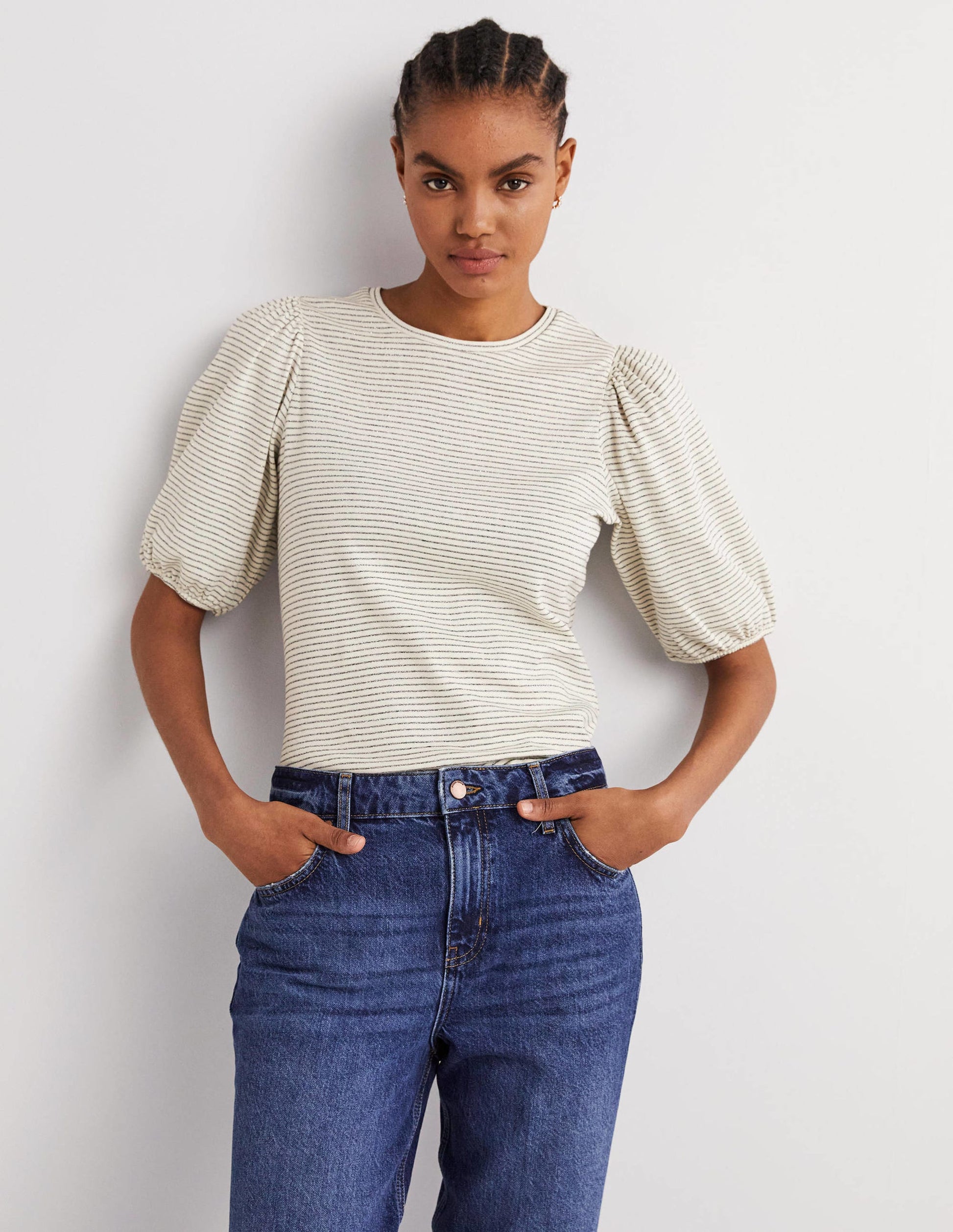 T-shirt à rayures métallisées-Ivoire/gris acier métallisé-1