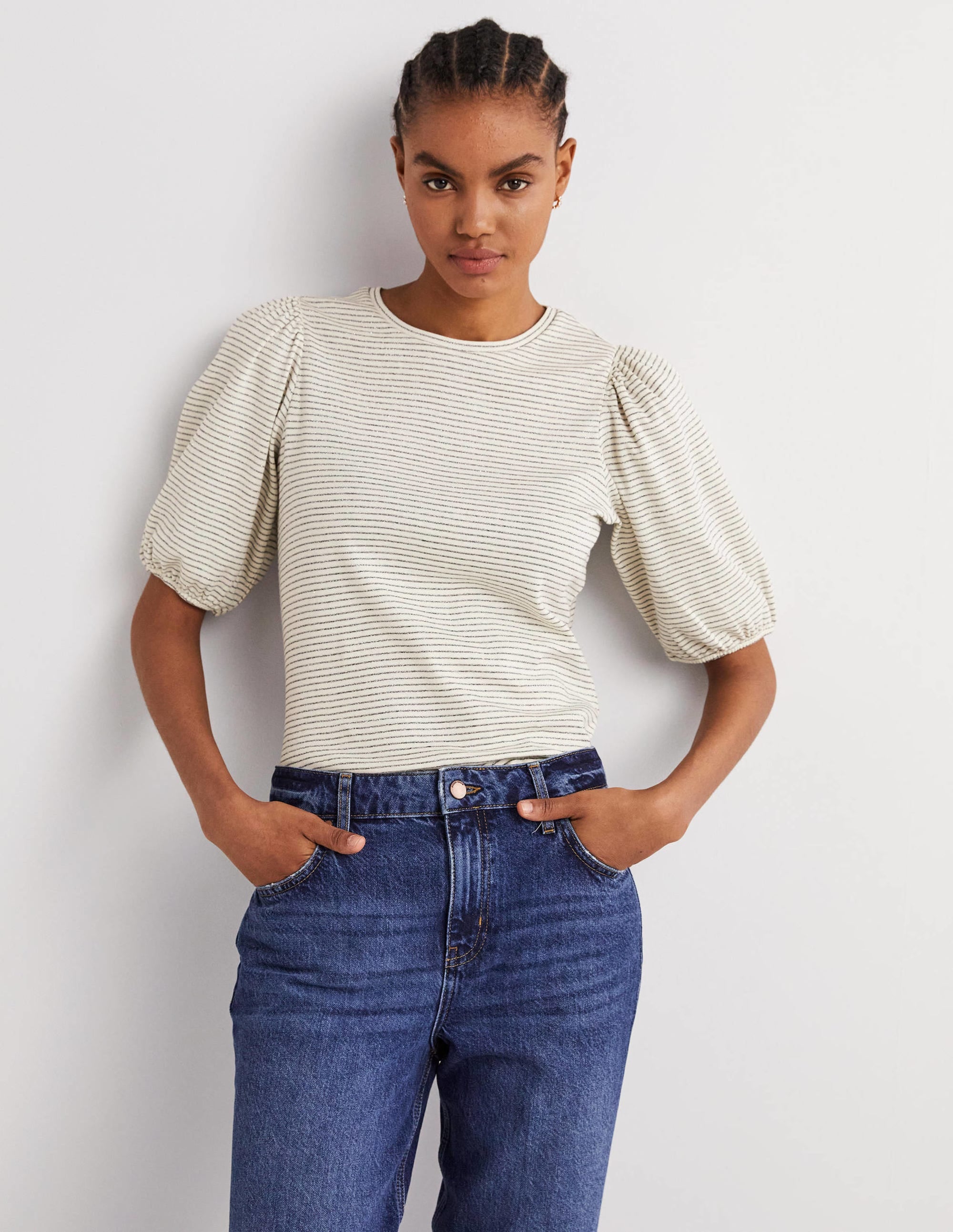 T-shirt à rayures métallisées-Ivoire/gris acier métallisé - Image 1
