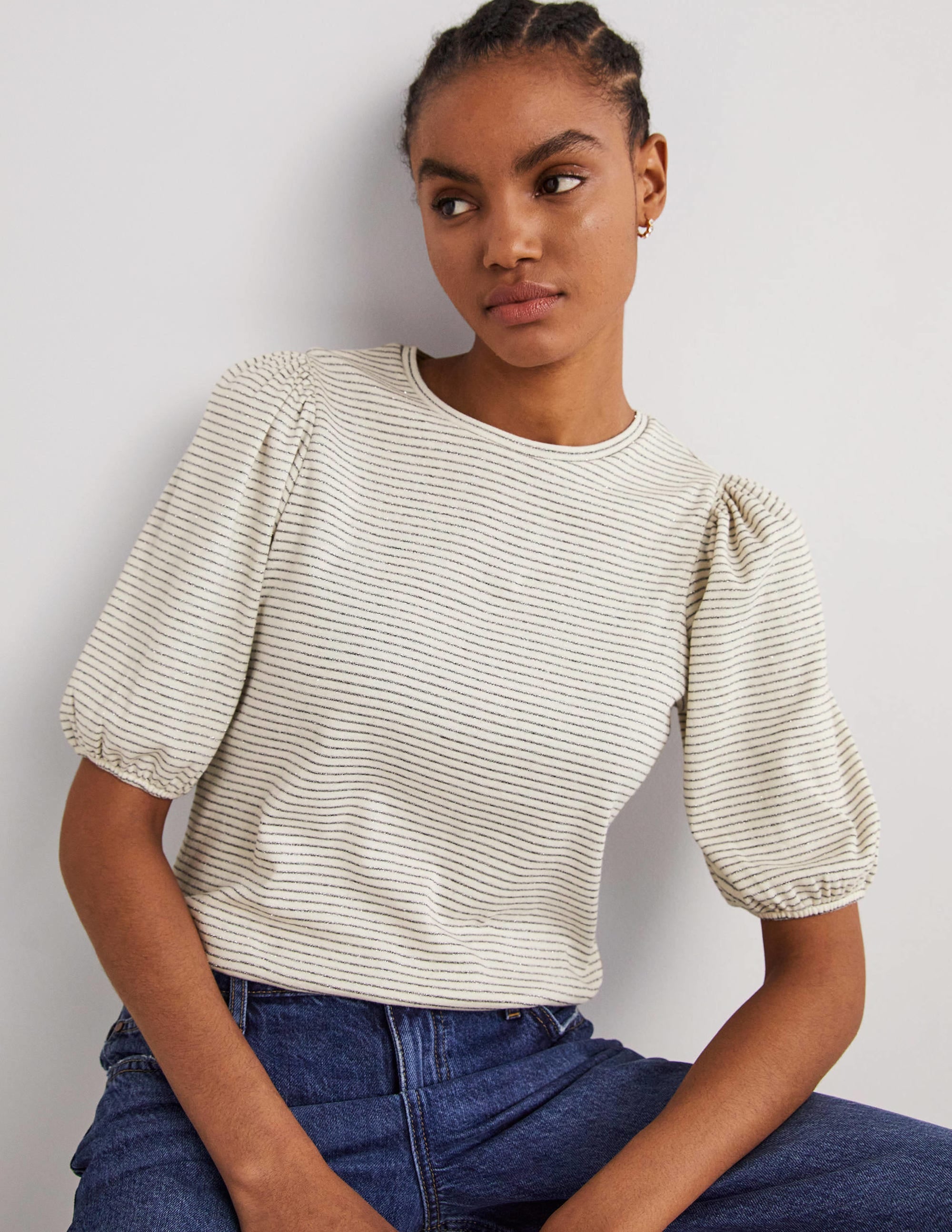 T-shirt à rayures métallisées-Ivoire/gris acier métallisé - Image 4