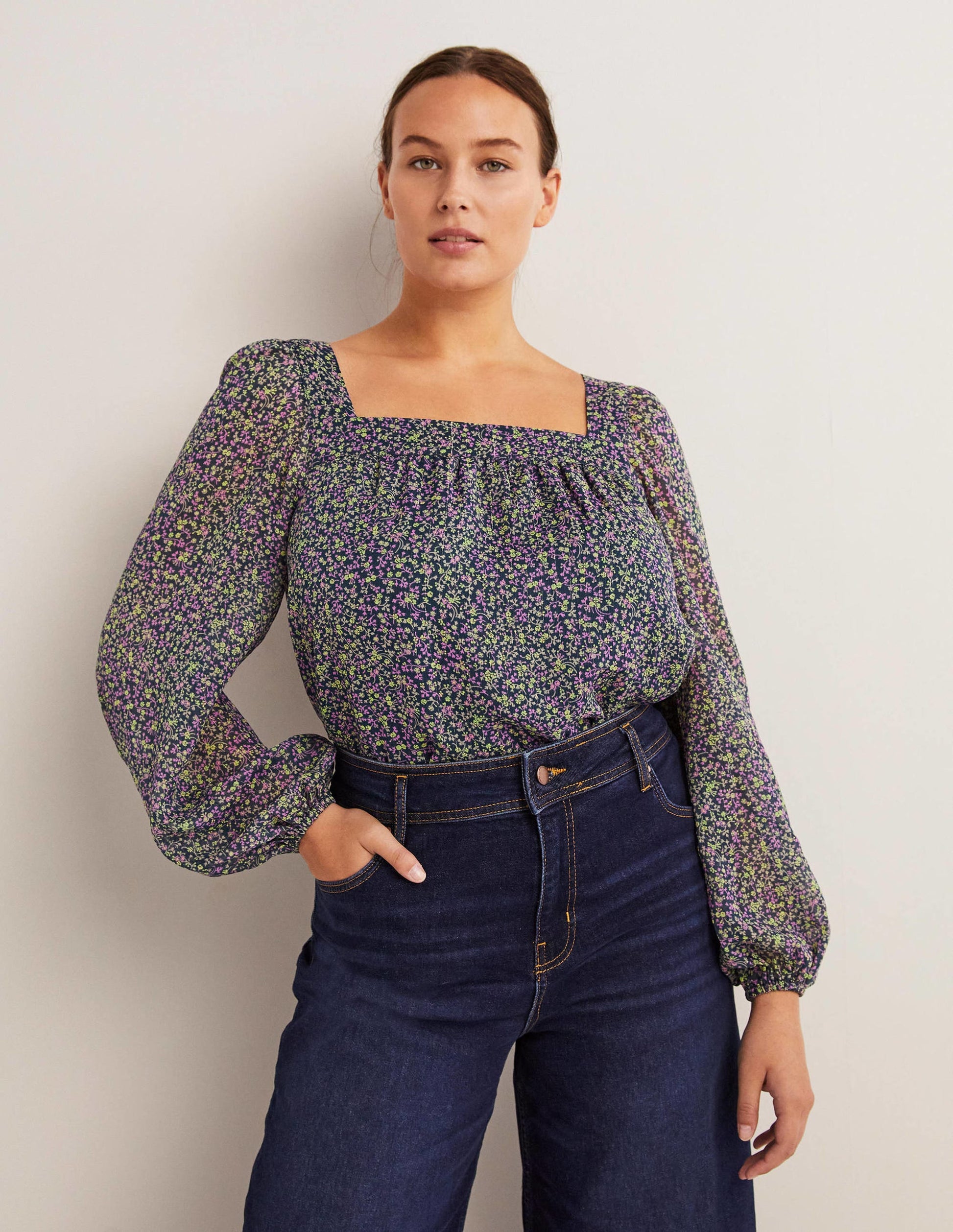 Square Neck Printed Top-Seaweed, Wild Vine-1